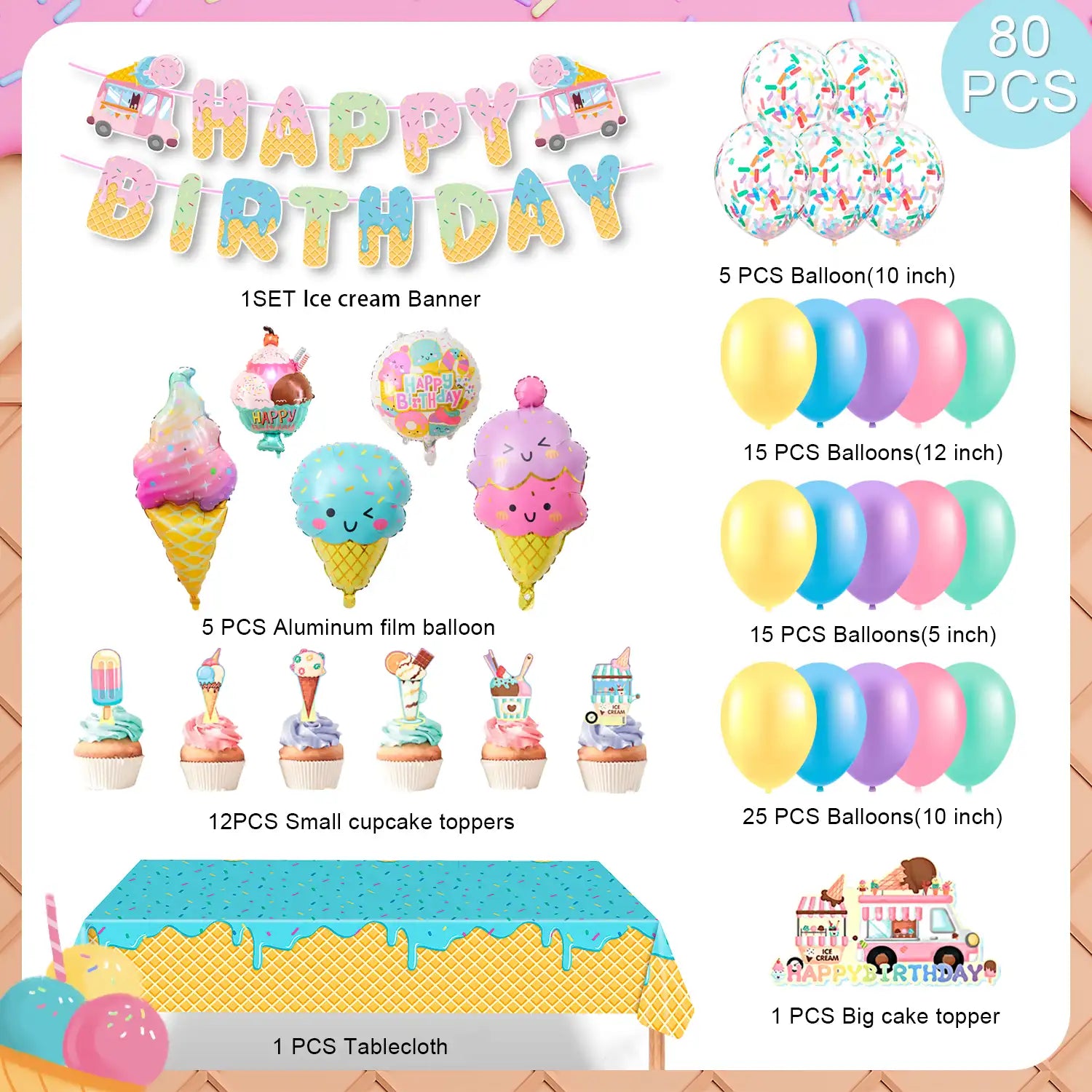 80pcs Ice Cream Birthday Party Decorations, Pastel Ice Cream Balloons Garland Arch Kit Tablecloth Candy Long Strip Balloon Cake Toppers Two Sweet Ice Cream Birthday Party Decorations