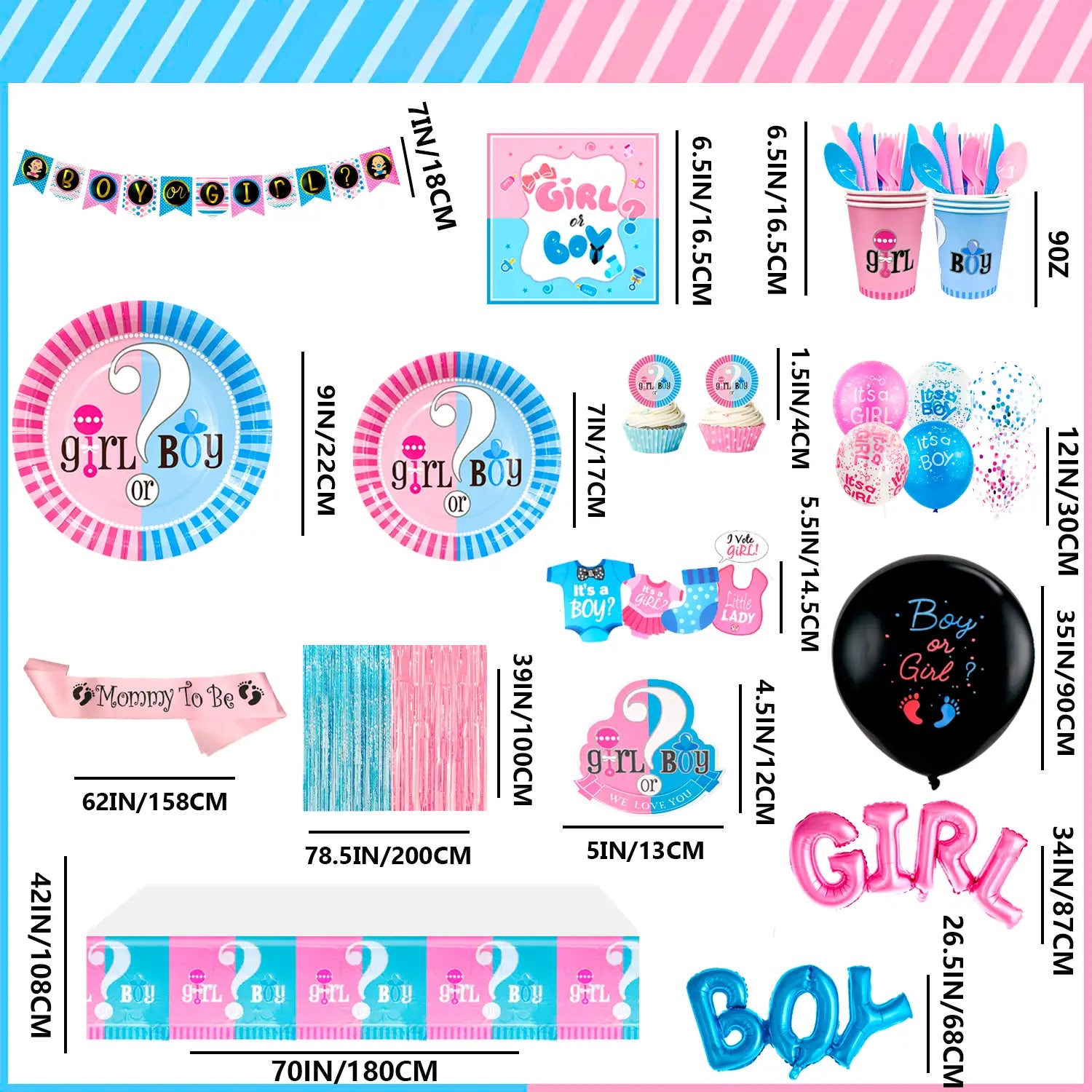 Baby Gender Reveal Party Supplies,118pcs gender reveal party decorations&Tableware Set-Gender Reveal Balloons,Boy or Girl Banner Balloons Plates Cups Tablecloth Fringe Curtains Photo Booth Props etc..