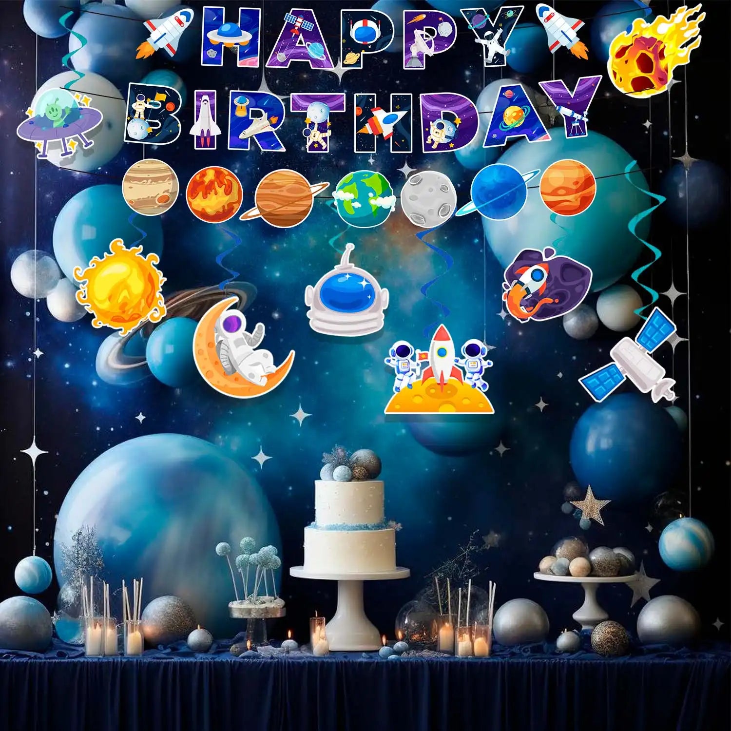 Outer Space Birthday Party Decorations Set - Space Themed Happy Birthday Banner & Solar System Hanging Swirl Decorations for Space Themed Party Decorations and Space Birthday Decorations Supplies