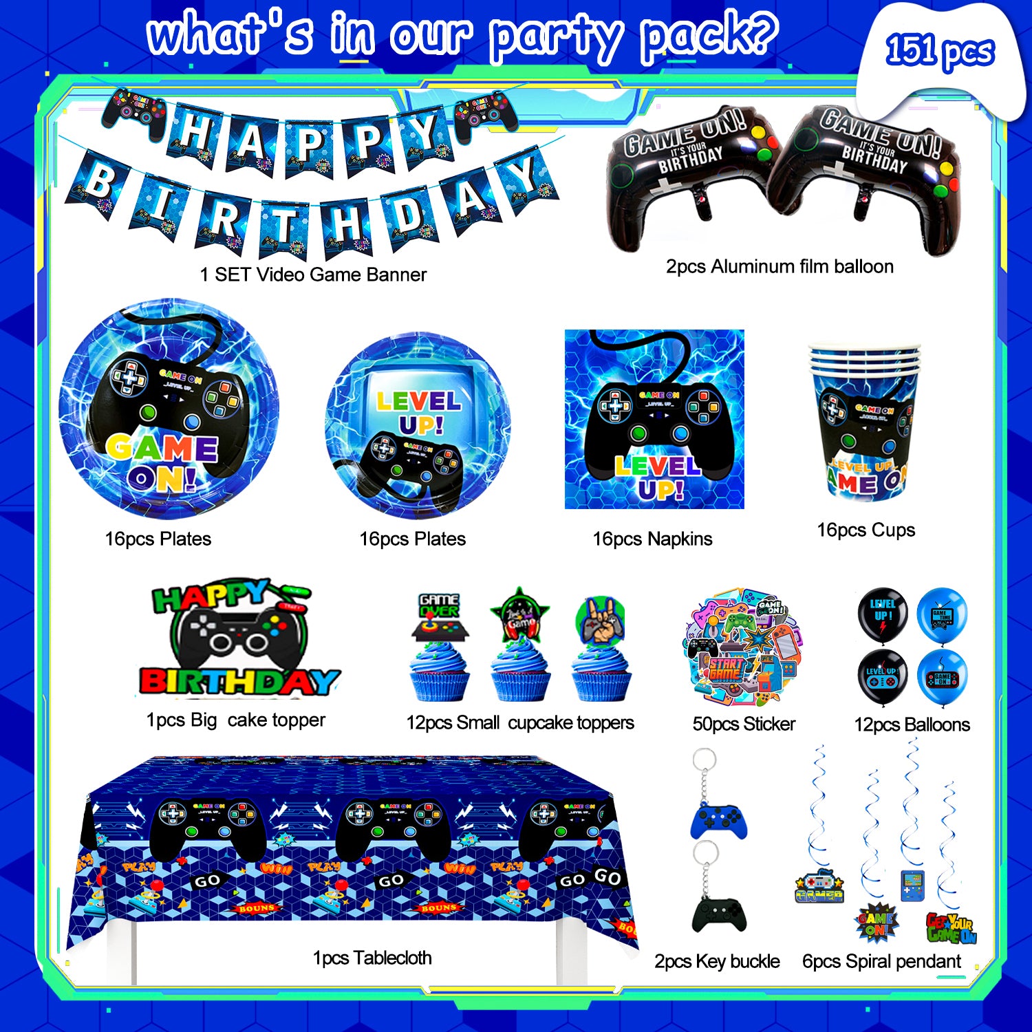 Video Game Birthday Decorations for 16 Guests, Video Game Party Decorations Tableware Set, Video Gaming Party Plates Cups Napkins Tablecloth Balloons Banner Hanging Swirls etc Video Gamer Party Supplies (Blue)