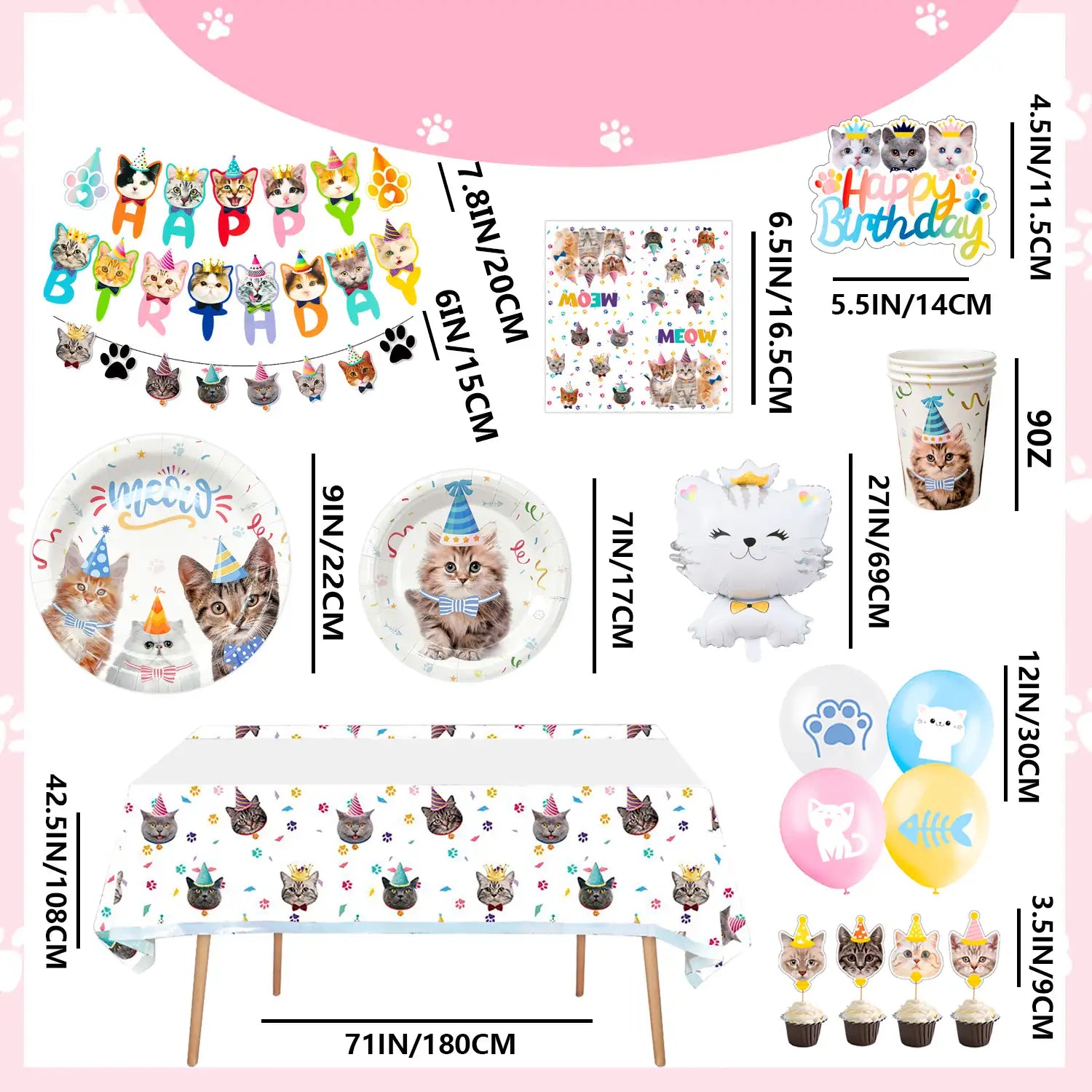 Cat Birthday Party Supplies, 16 Guests Cat Birthday Decorations & Cat Theme Tableware Set-Cat Party Plates Napkins Tablecloth&Cat Birthday Banner Balloons etc Cat Themed Birthday Party Supplies for Girls
