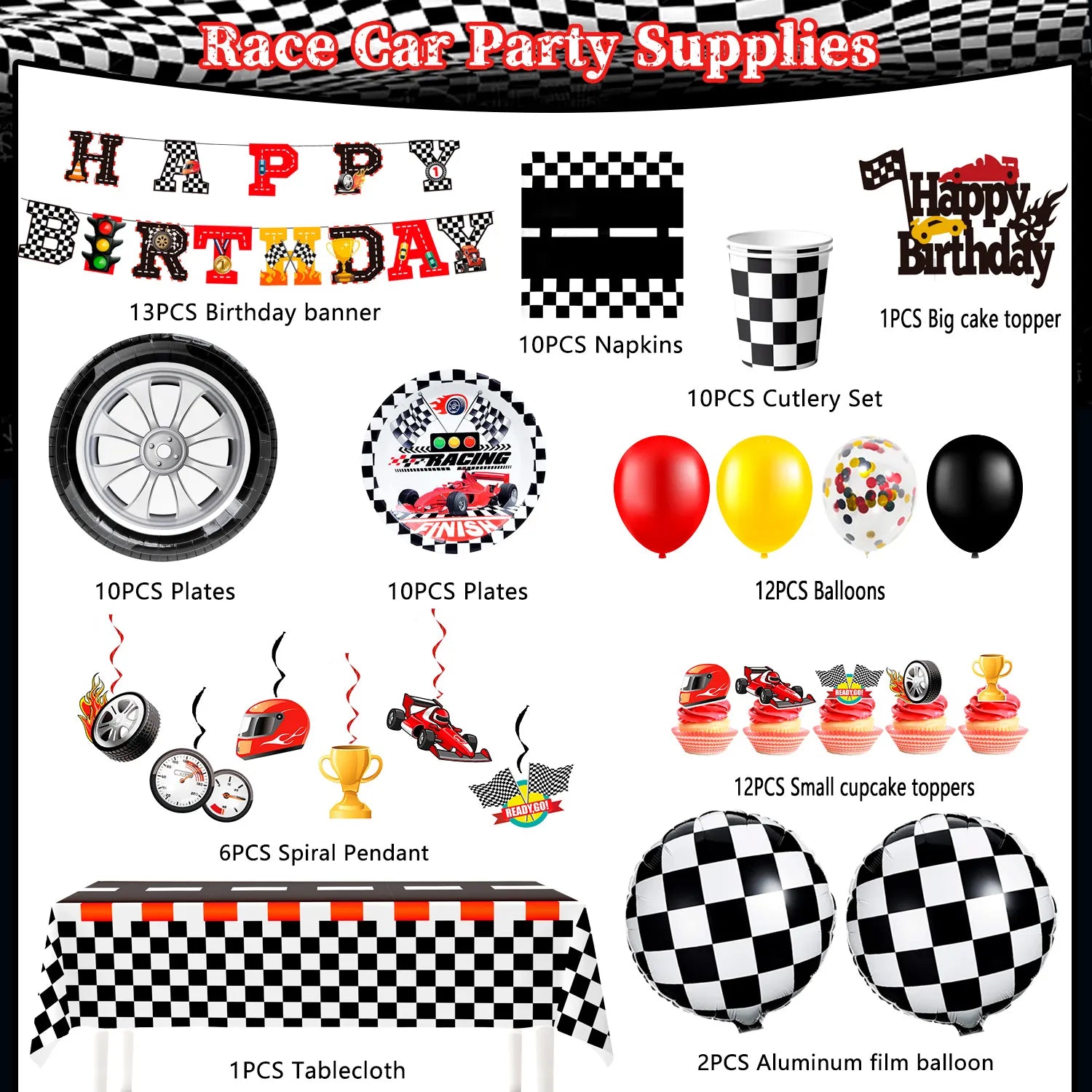 Race Car Birthday Decorations, 87 Pcs Race Car Birthday Party Decorations&Race Car Birthday Party Tableware Set - Race Car Birthday Plates Napkins Balloons Hanging Swirl etc Racing Car Party Supplies
