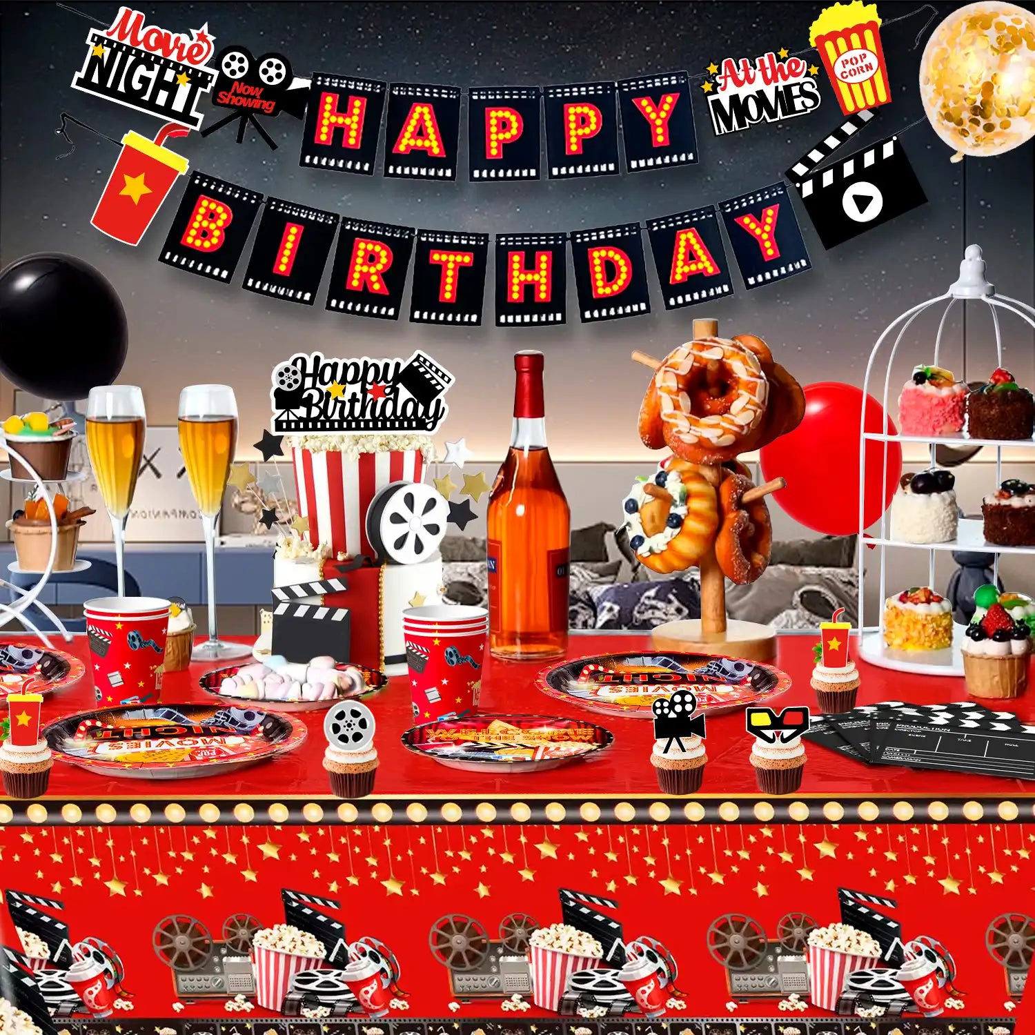 Movie Night Birthday Party Decorations, 10 Guests Movie Night Party Decorations and Tableware - Movie Night Plates Tablecloth Napkins&Movie Night Party Balloons Banner Backdrop etc Movie Night Decorations