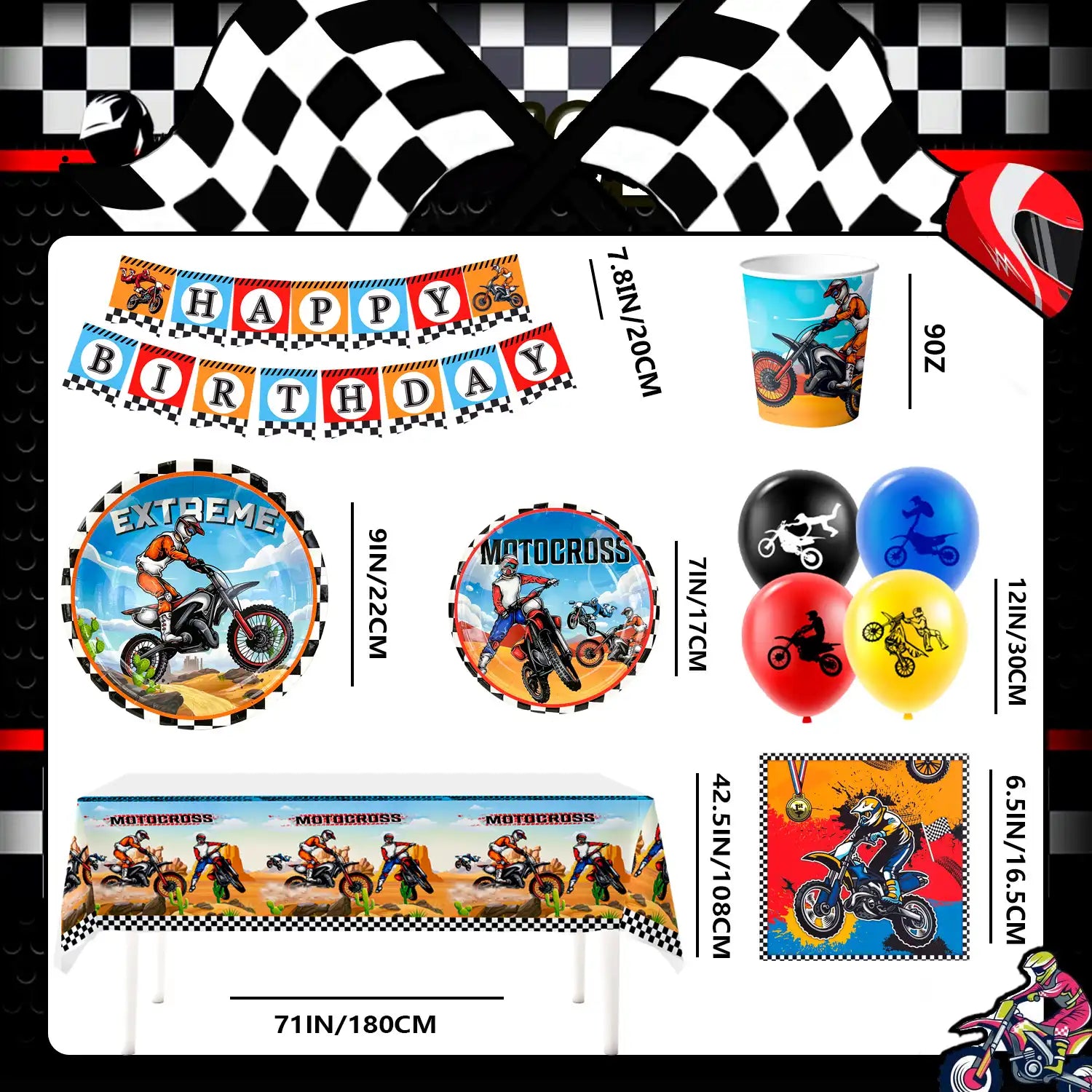 Motorcycle Birthday Supplies, 54pcs Motorcycle Birthday Decorations&Motorcycle Theme Party Tableware Set- Dirt Bike Party Plates and Napkins Cups & Banner Balloon etc Motocross Party Supplies for Boys