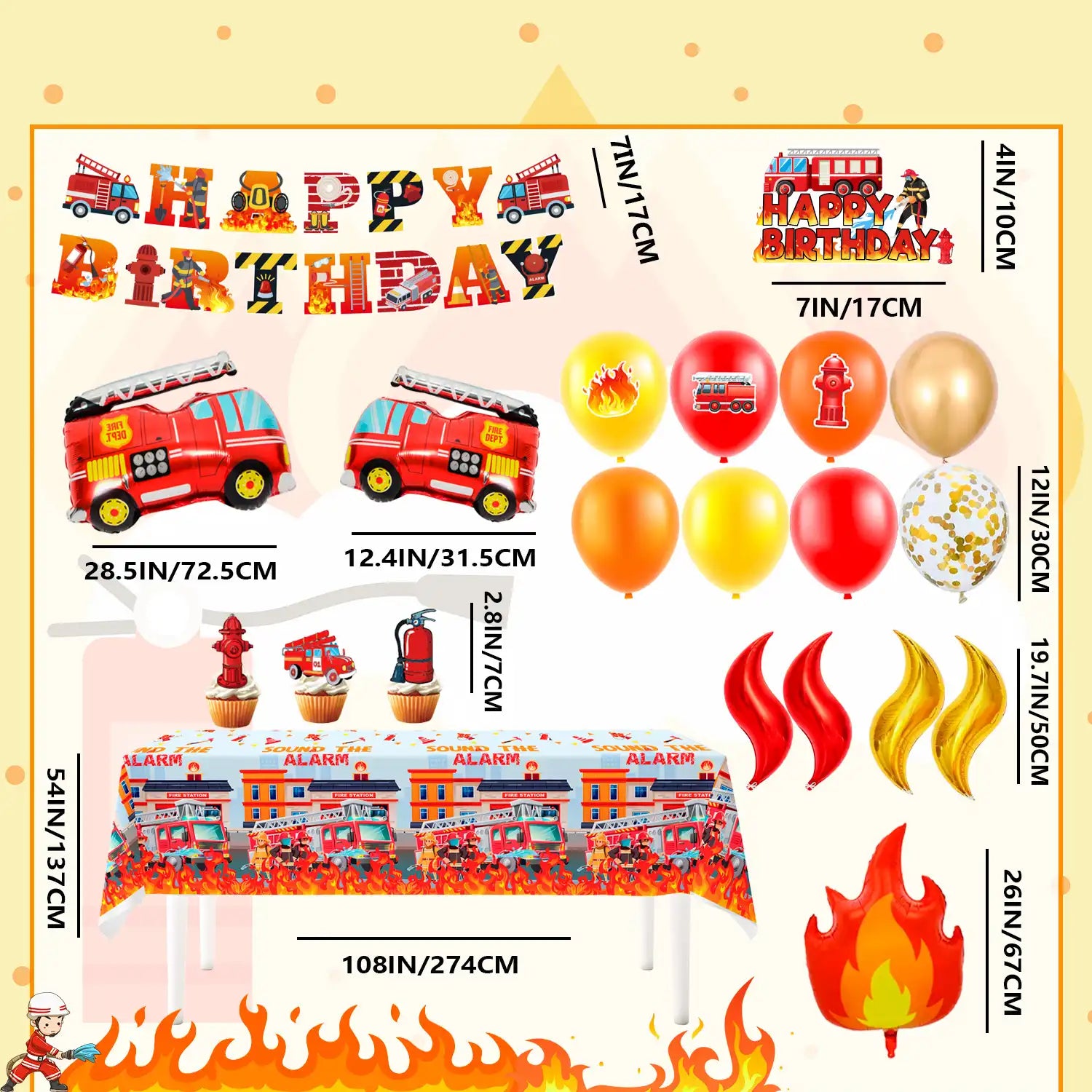 Fire Truck Party Decorations, 110 Pcs Firetruck Birthday Decorations - Fire Truck Party Balloons & Fire Truck Birthday Banner Cake Toppers Tablecloth etc Firefighter Birthday Party Decorations