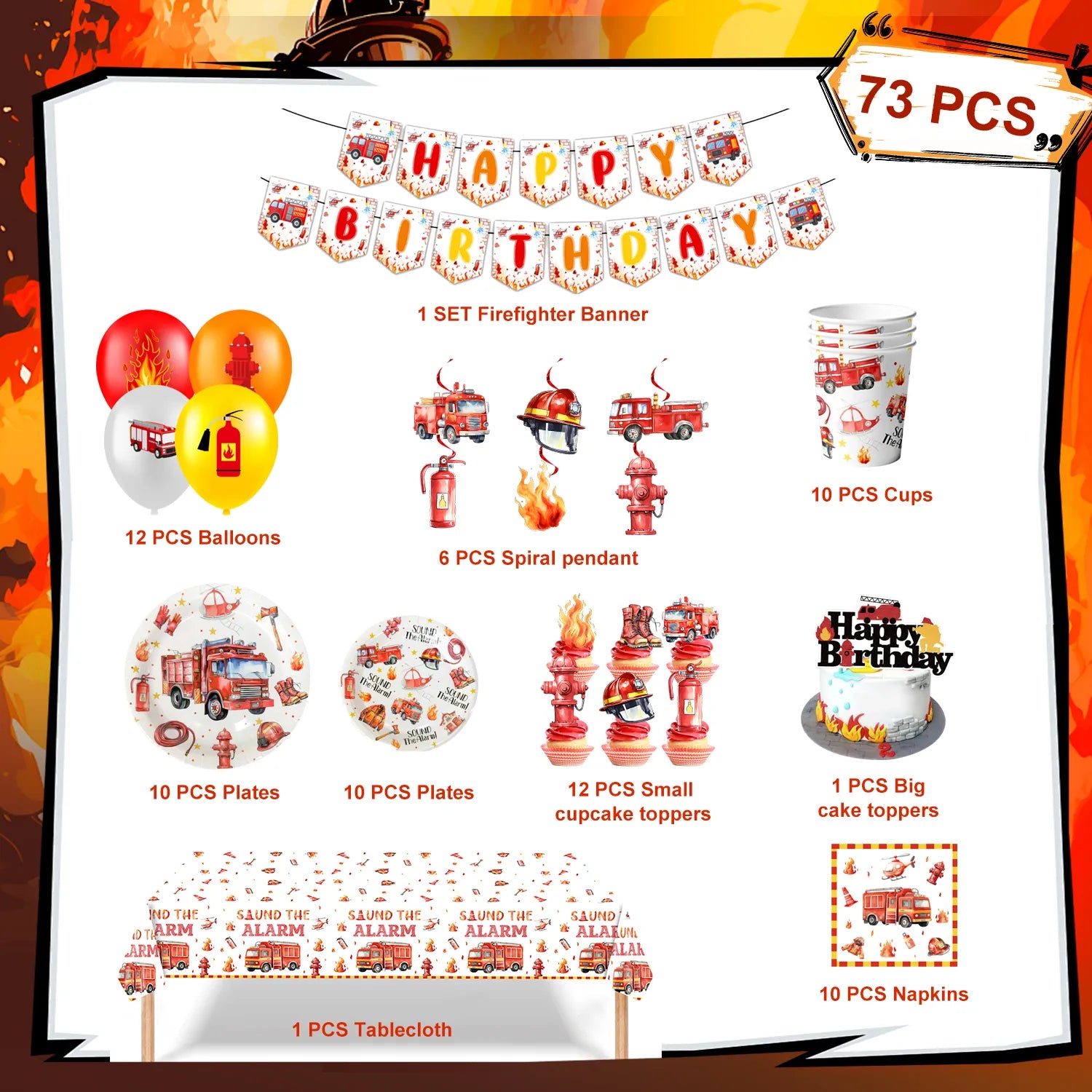 Fire Truck Birthday Party Supplies, 73pcs Firetruck Birthday Decorations & Tableware Set - Fire Truck Party Plates Cups & Fire Truck Cake Decorations Banner etc Firefighter Birthday Party Decorations