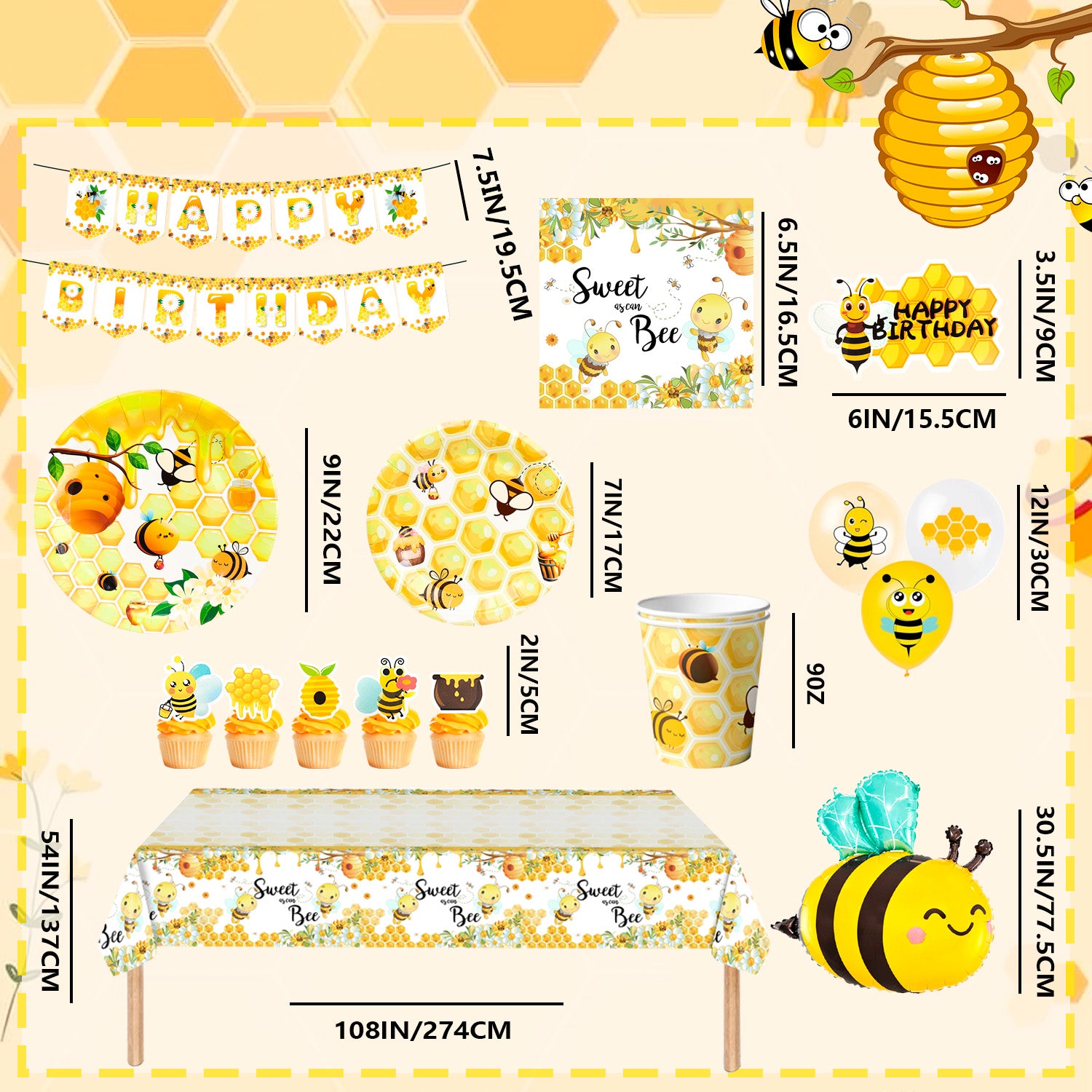 Bee Birthday Decorations,69 Pcs Bee Party Decorations and Tableware Set- Bee Party Plates Cups Napkins Tablecloth & Happy Birthday Bee Banner Balloons Cake Toppers etc Bee Birthday Party Decorations