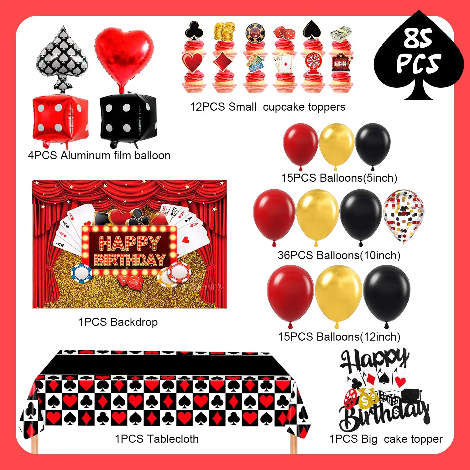 Casino Party Decorations, 85 Pcs Casino Themed Party Supplies - Casino Party Balloons Backdrop Cake Topper Tablecloth etc Las Vegas Party Decorations