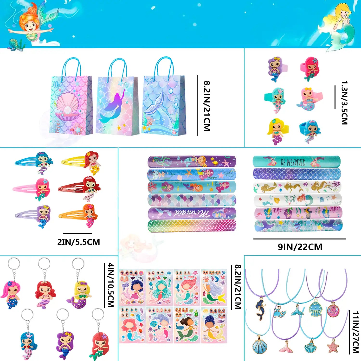 84pcs Mermaid Party Favors for Boys and Girls with Mermaid Birthday Rings Keychain Slap Bracelets Bags Hair Clips Necklace etc Mermaid Birthday Party Favors for Mermaid Birthday Decorations Supplies