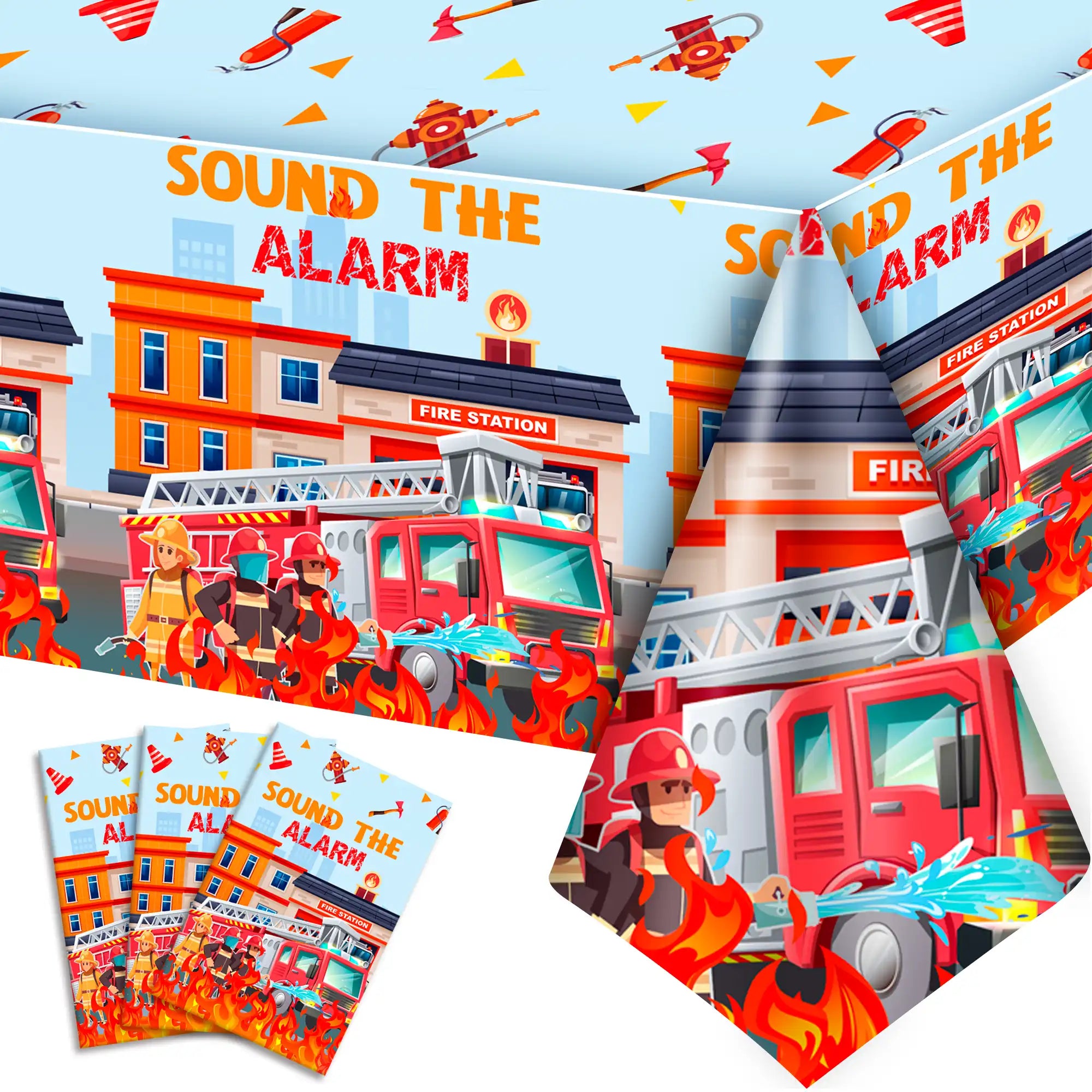 Fire Truck Tablecloth, 3 Pcs Firefighter Party Tablecloth Set - Fire Truck Birthday Tablecloth, Firefighter Party Table Cover & Fire Truck Birthday Party Tablecloth for Fire Truck Birthday Decorations