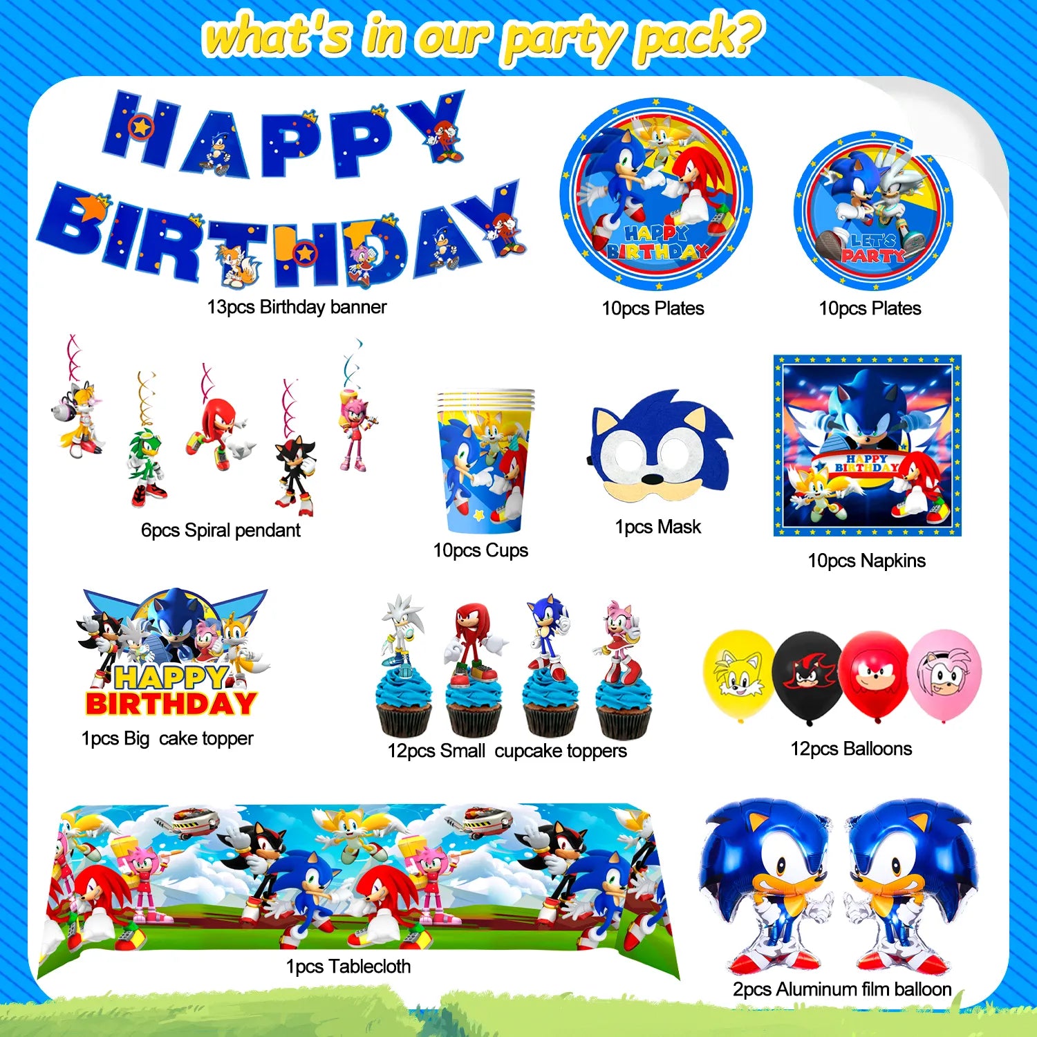 Sonic Birthday Party Supplies,88pcs Sonic Birthday Decorations Include Sonic Birthday Banner Ballons Plates Cups Napkins Cake Toppers Tablecover Tableware Set,ect Sonic The Hedgehog Party Supplies