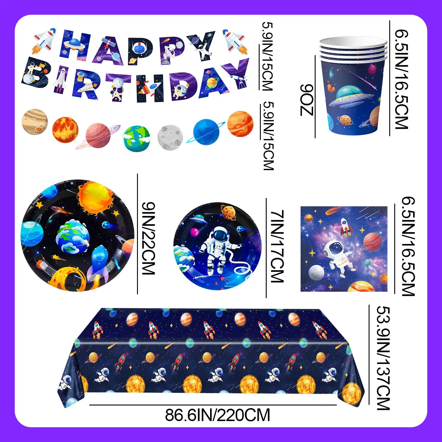 Space Theme Tableware, 24Guests Outer Space Birthday Party Supplies - Space Party Plates Napkins Tablecloth Banner Garland etc Outer Space Tableware for Space Birthday Decorations & Space Party Decorations