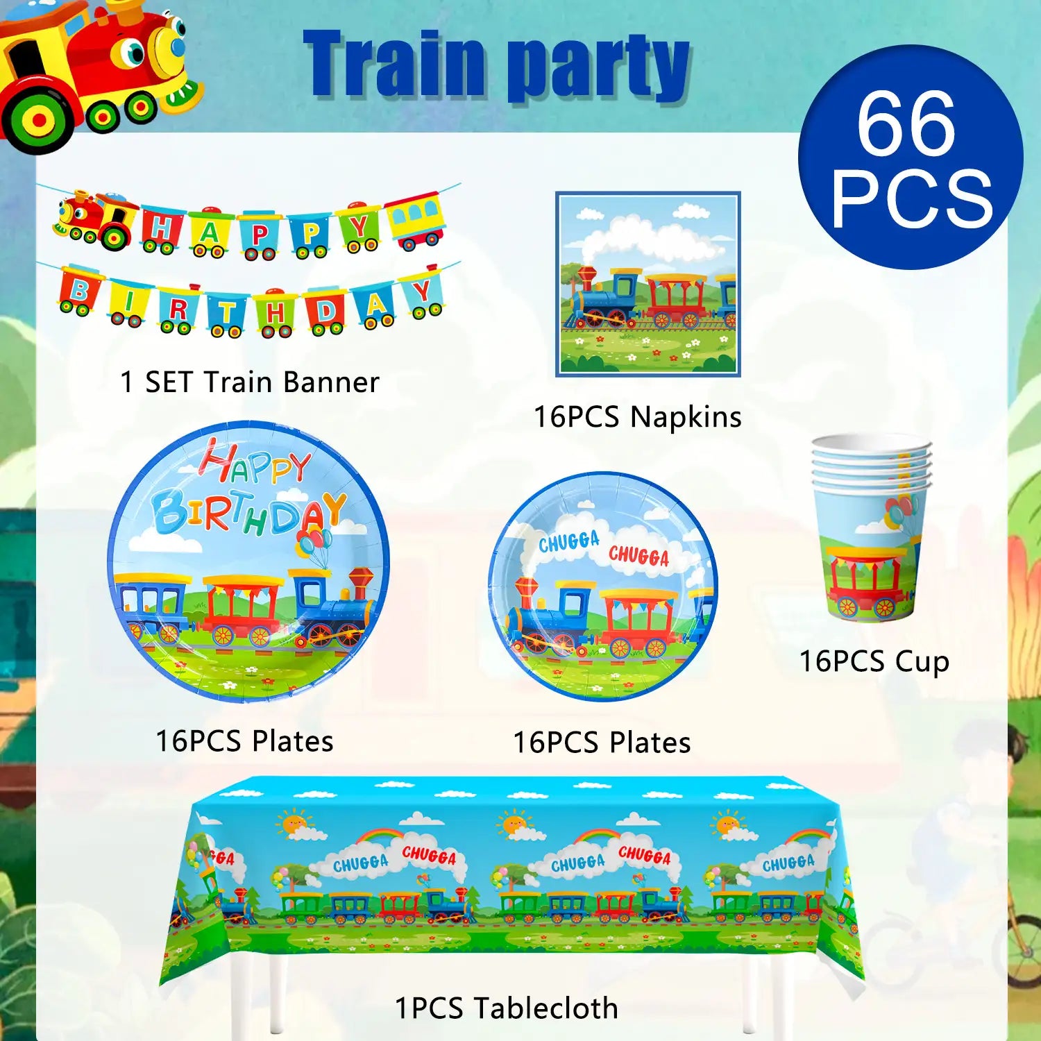 Train Birthday Party Supplies, 16 Guests Train Party Decorations Tableware Set - Train Plates and Cups Napkins & Train Birthday Banner Tablecloth etc Train Themed Tableware for Boys/Girls Kids