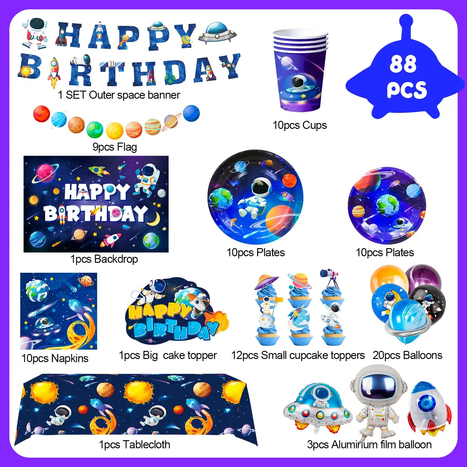 Space Birthday Party Decorations, 10 Guests Space Birthday Decorations&Outer Space Birthday Tableware Set- Outer Space Birthday Party Plates Tablecloth Backdrop Balloon etc Space Themed Party Decorations