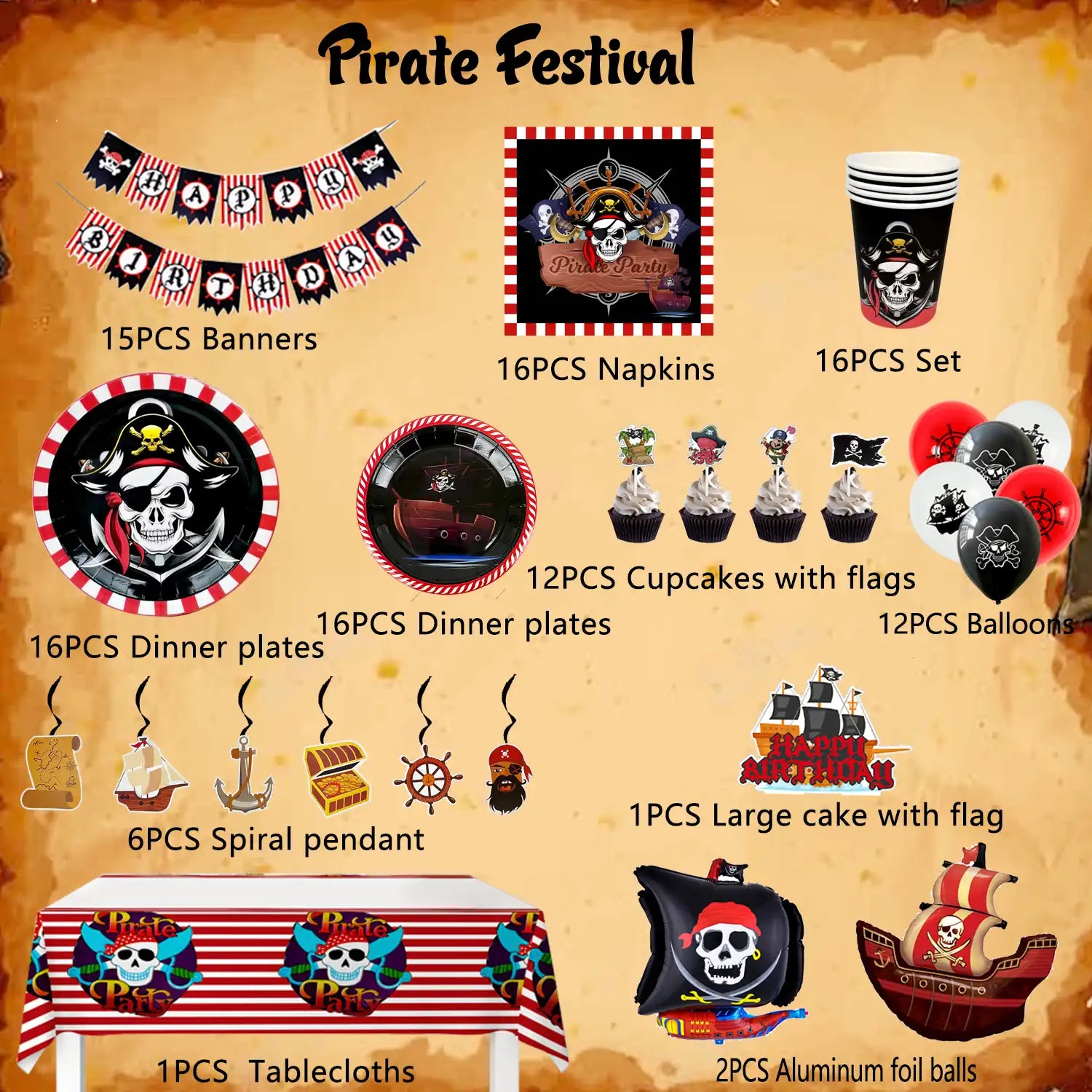 Pirate Birthday Party Supplies,113Pcs Pirate Party Decorations & Tableware Set - Pirate Birthday Banner Balloons Tablecloth Plates Cups Napkins ect, Pirate Halloween Themed Birthday Decorations