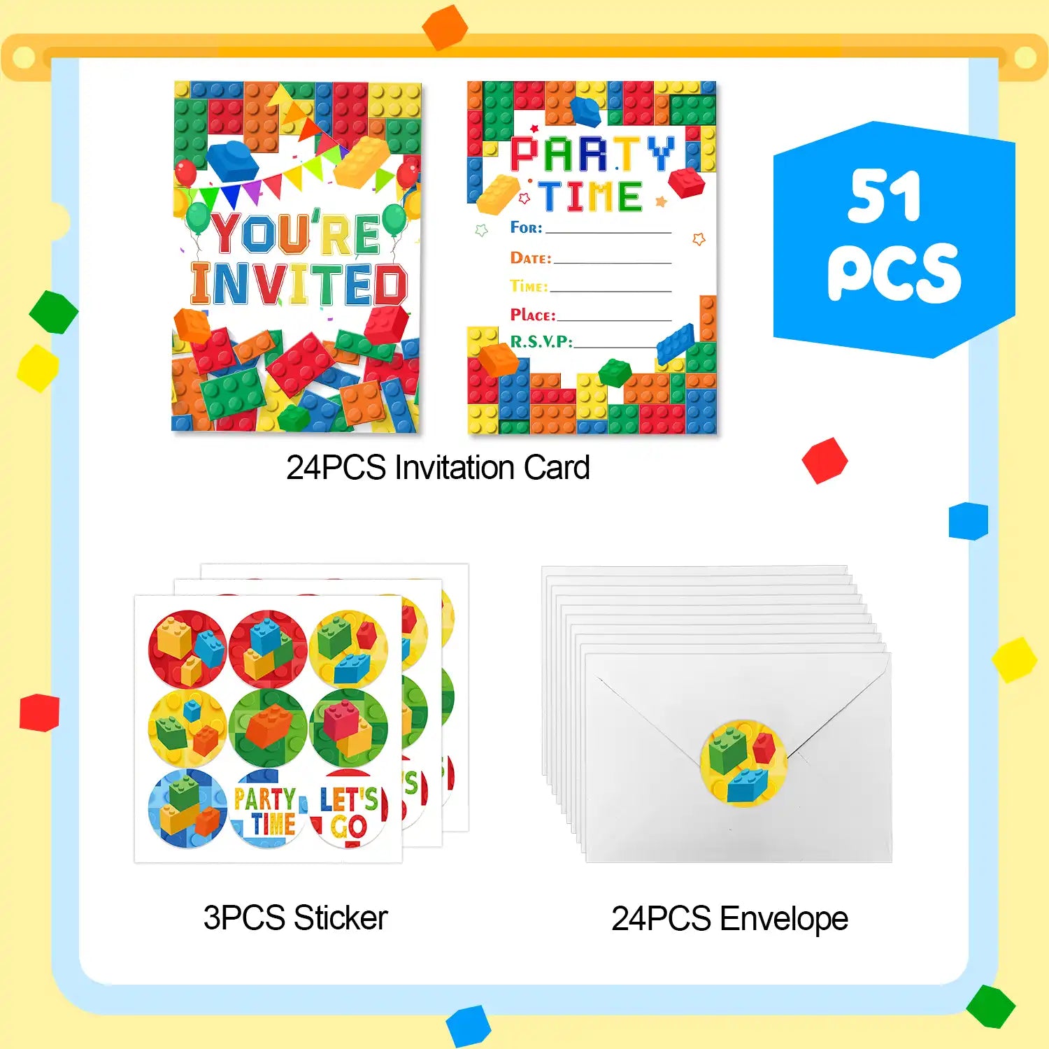 Building Blocks Birthday Party Invitations, Brick Party Invitation Card Building Birthday Invites with Stickers & Envelopes, Bricks Birthday Invites for Building Blocks Party Favors(24 Guests)
