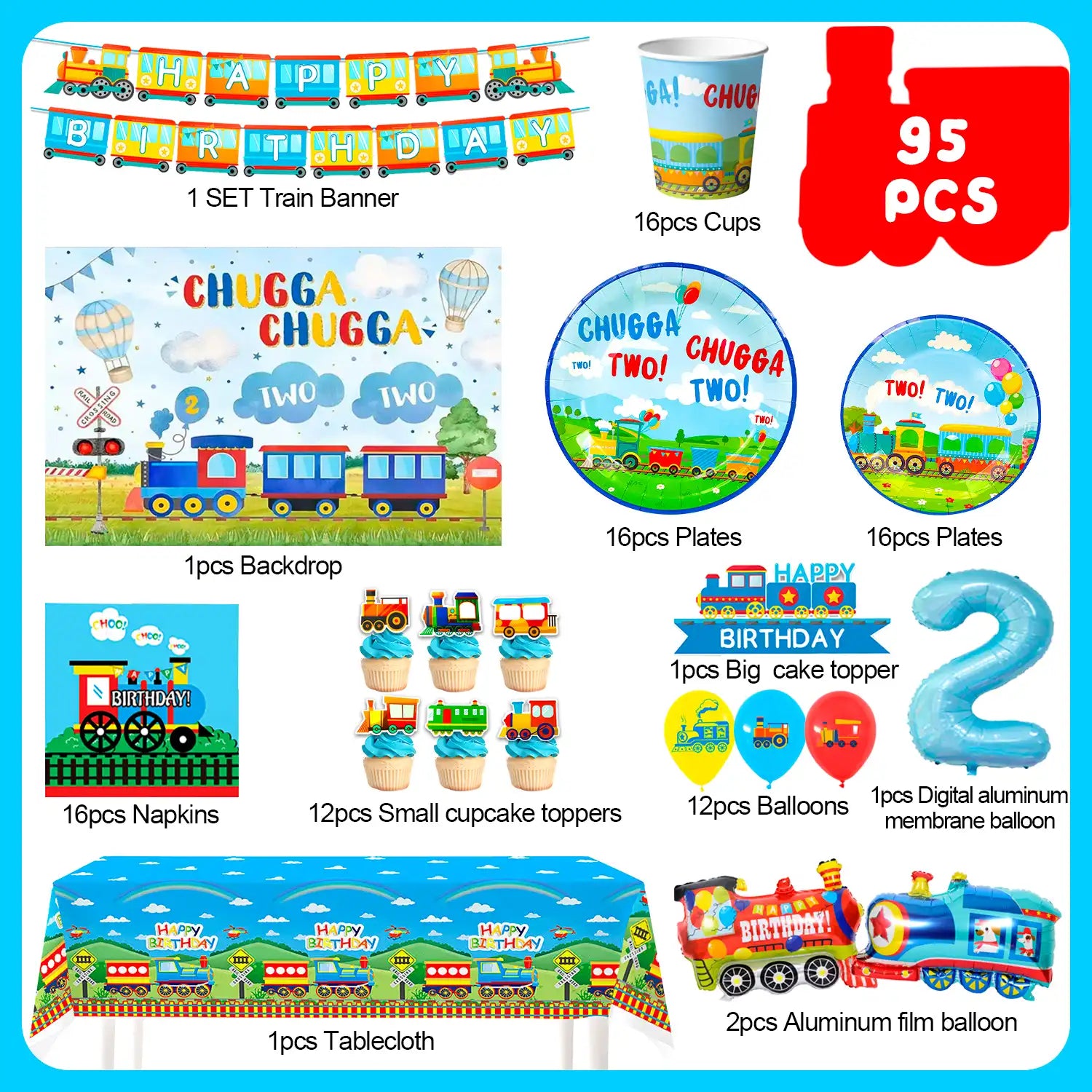 Chugga Chugga Two Two Party Decorations, 16 Guests Train Birthday Decorations & Train Party Tableware Set- Train Plates Cups Napkins Tablecloth Banner Balloons Backdrop etc Train Birthday Party Supplies