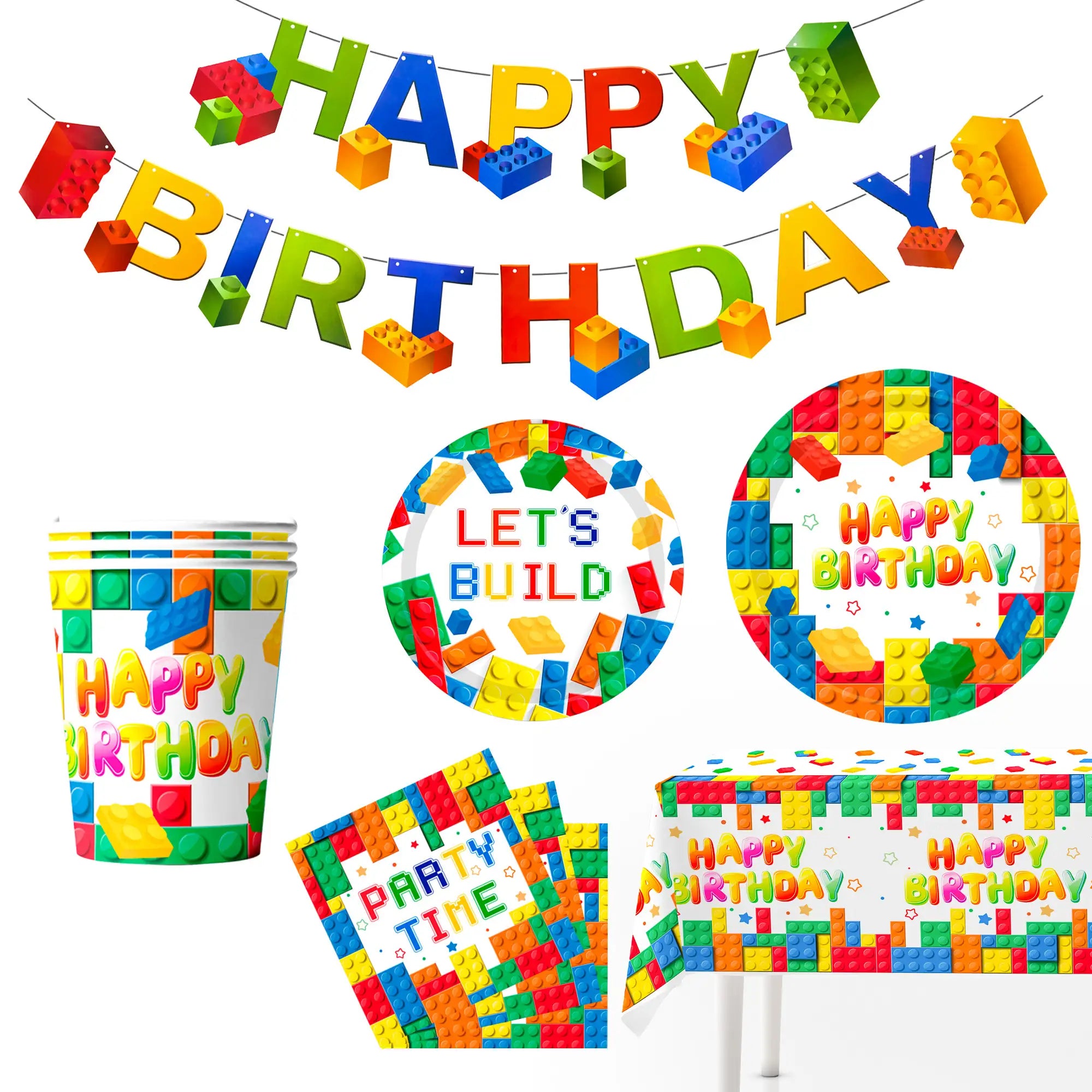 Building Blocks Birthday Party Supplies-16 Guests Building Blocks Party Tableware set-Building Block Party Plates Napkins Tablecloth Banner etc Colorful Building Block Party Supplies for kids Boys/Girls