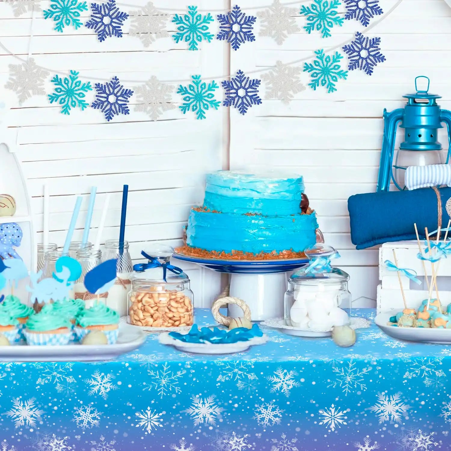 Snowflake Tableclot,3 Pcs Winter Wonderland Tablecloth Set-Winter Snowflake Party Tablecloth,Snowflake Table Cloth&Winter Snowflake Table Cover for Winter Wonderland Decorations&Snowflake Decorations