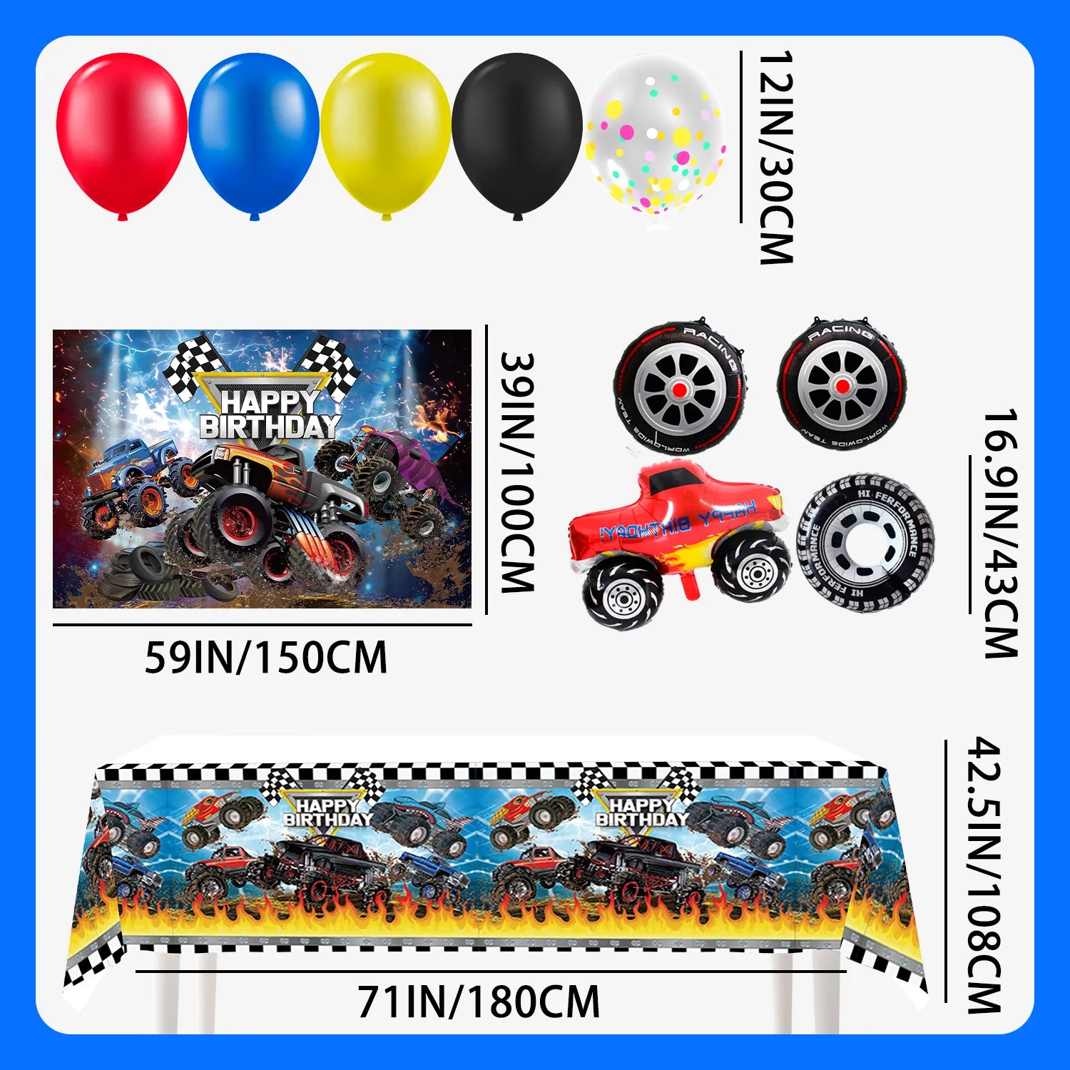 Big Tire Truck Party Supplies, 26 Pcs Truck Birthday Decorations - Monster Truck Party Balloons and Truck Birthday Backdrop Tablecloth for Big Tire Truck Birthday Party Decorations