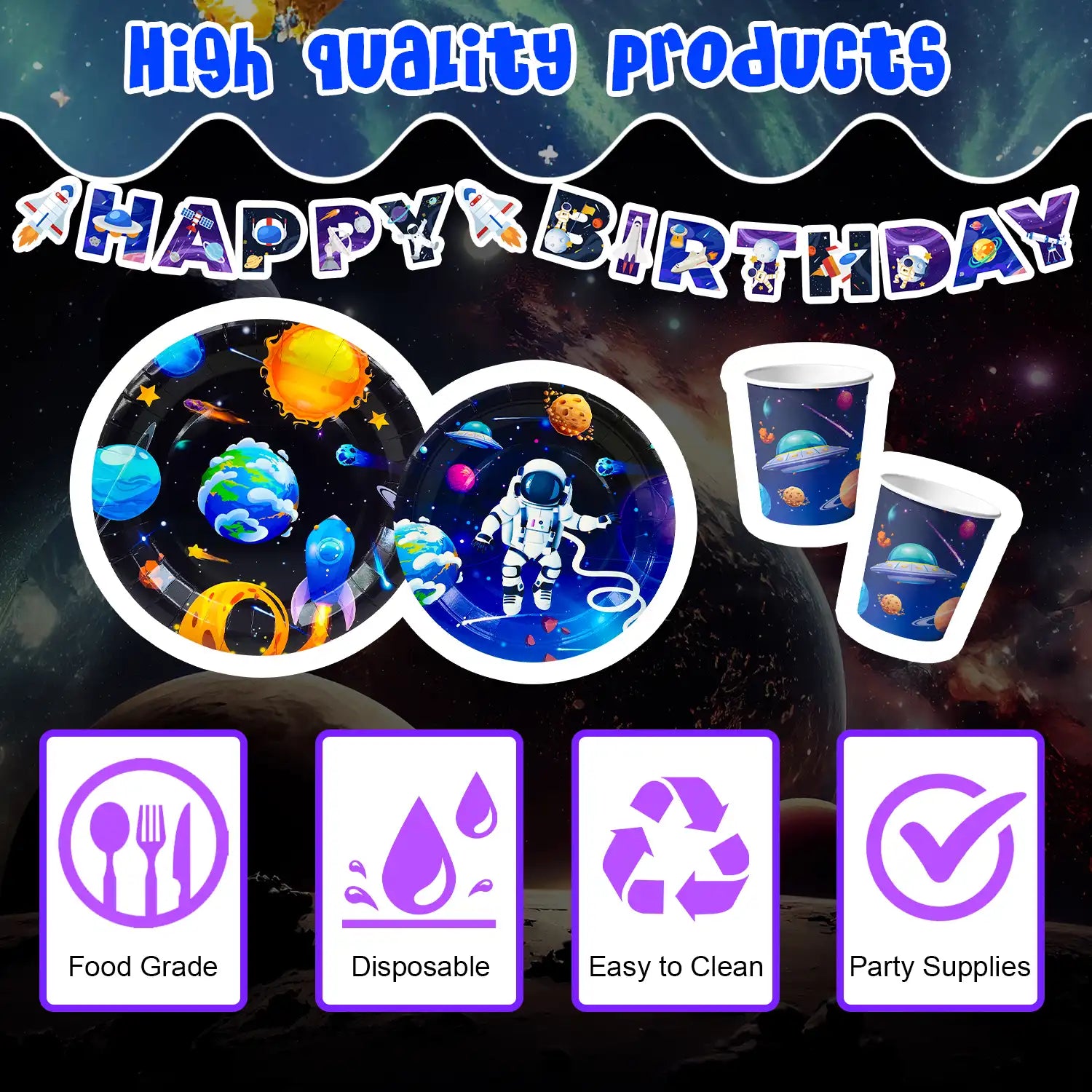 Space Theme Tableware, 24Guests Outer Space Birthday Party Supplies - Space Party Plates Napkins Tablecloth Banner Garland etc Outer Space Tableware for Space Birthday Decorations & Space Party Decorations