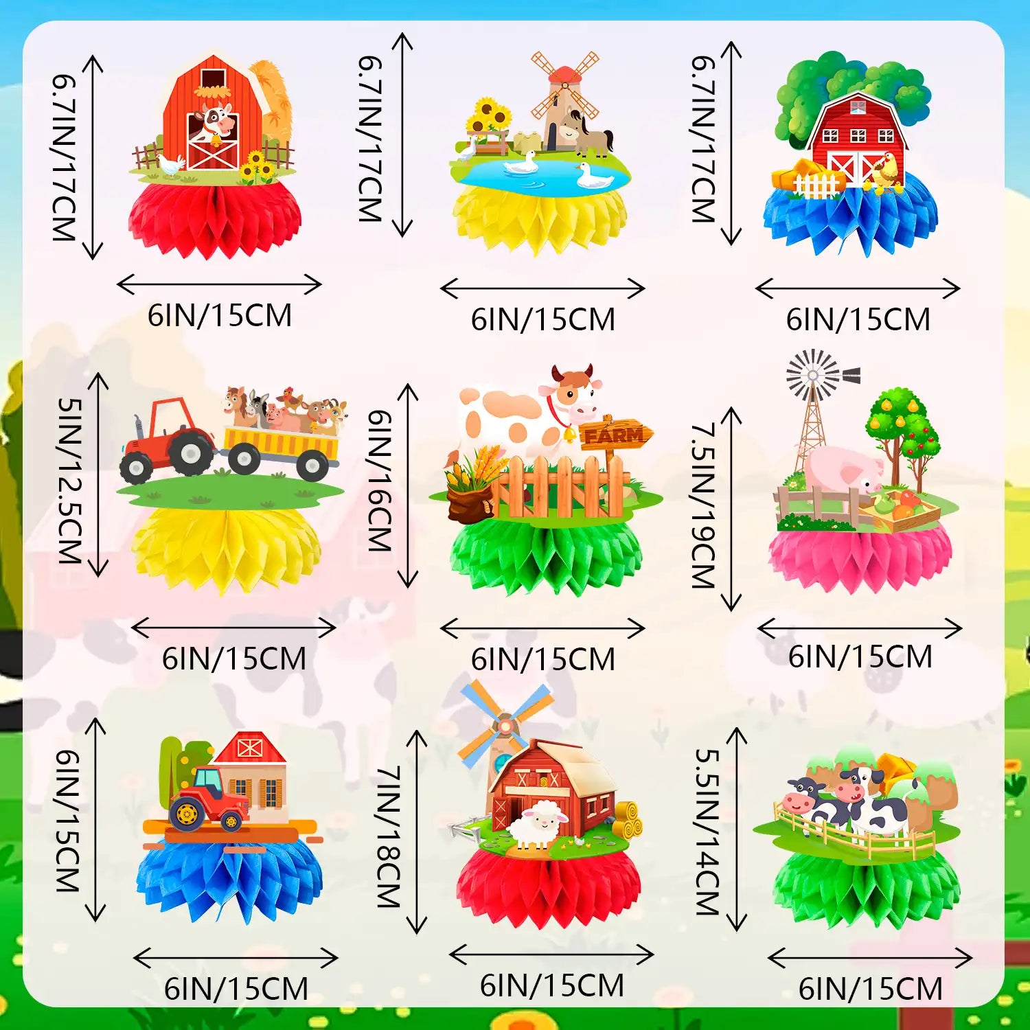 Farm Honeycomb Ceterpieces, 9 Guests Farm Animals Honeycomb Decorations, Farm Theme Birthday Party Honeycomb Centerpieces & Farm Animal Party Centerpieces, for Boys/Girls Farm Animal Birthday Decorations