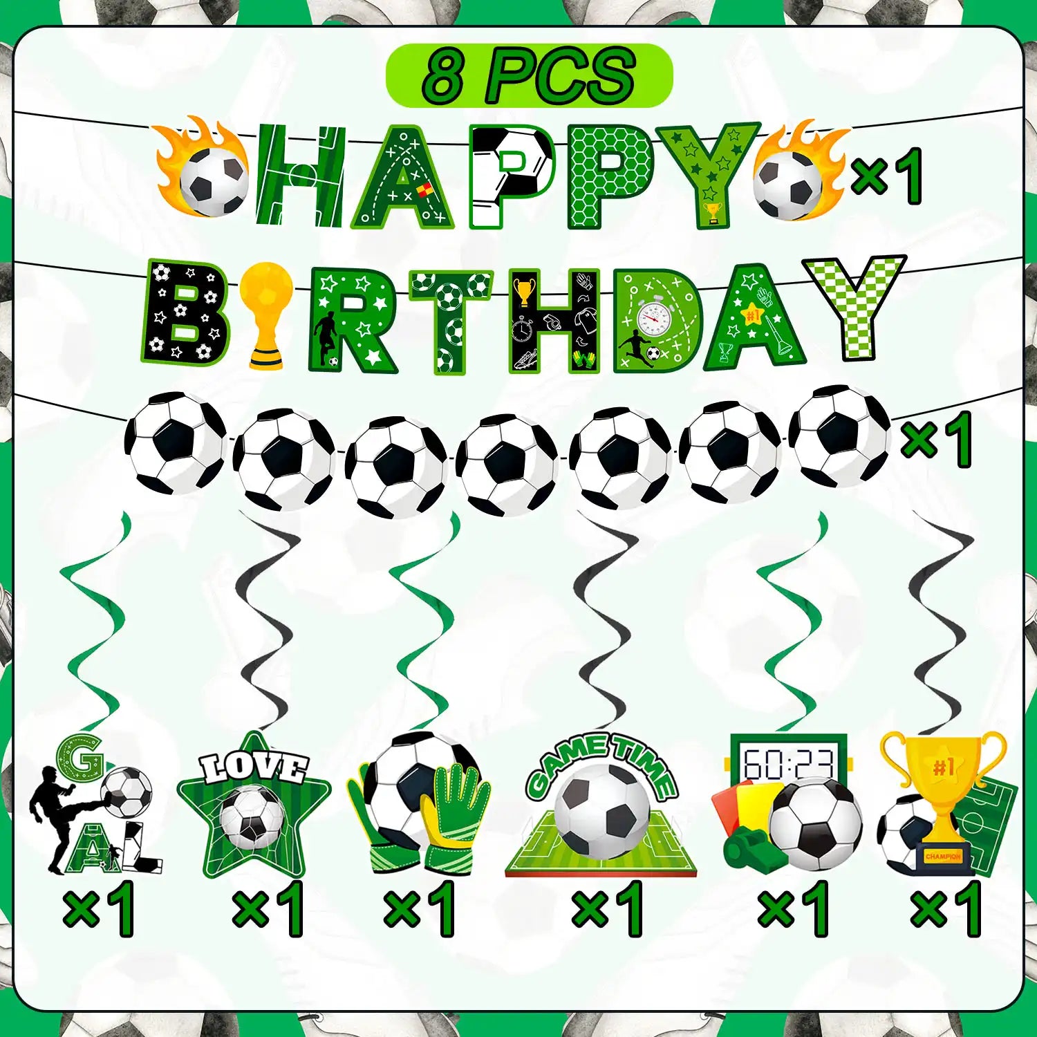 Soccer Hanging Swirl, 8 Pcs Soccer Birthday Party Decorations Set - Happy Birthday Soccer Banner, Soccer Themed Hanging Foil Swirls & Soccer Garland for Soccer Birthday Party Supplies
