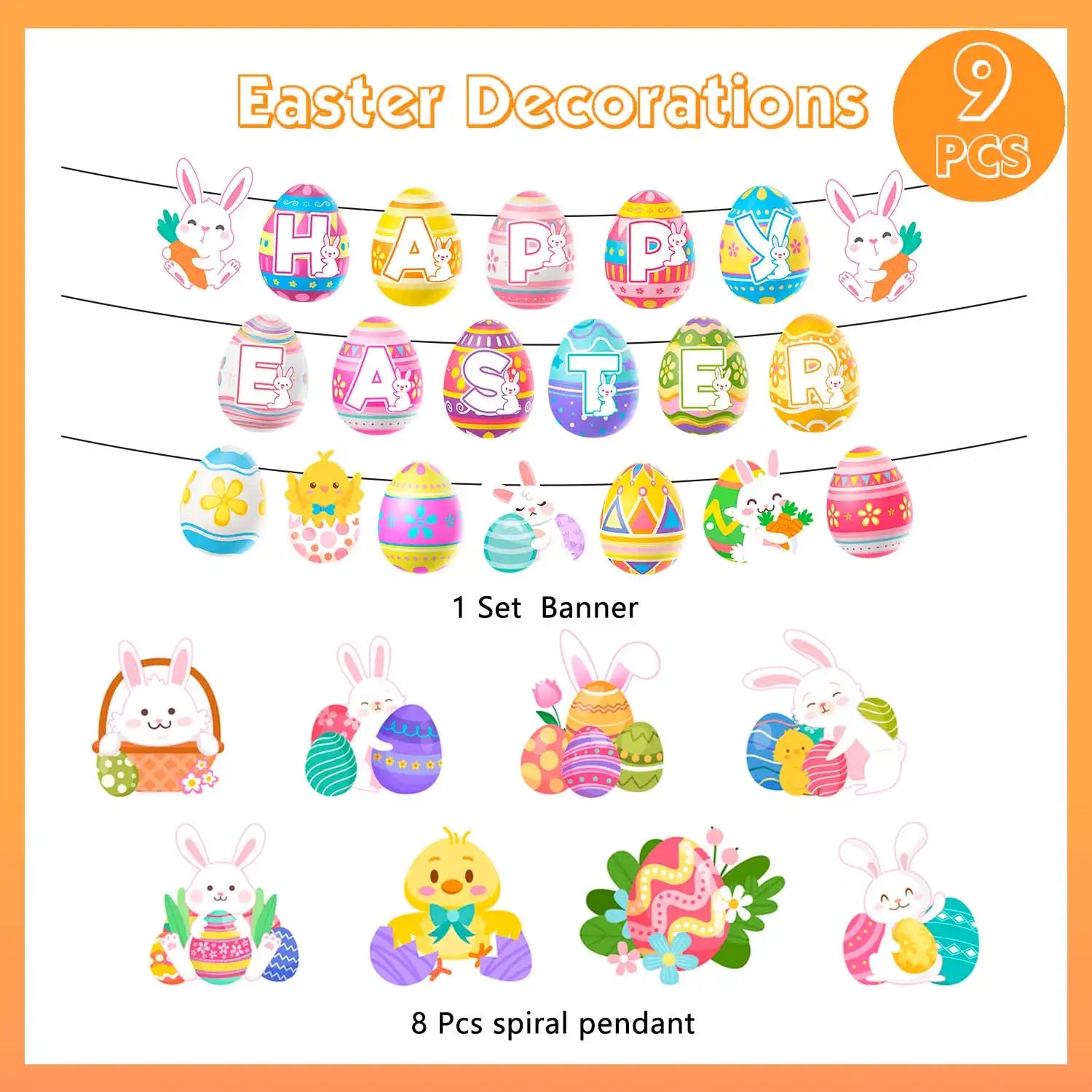 Easter Swirl Banner, 9Pcs Easter Hanging Party Decorations Set - Happy Easter Banner, Easter Hanging Decorations Banner Easter Egg Bunny Hanging Swirl for Home Office School Easter Party Decorations