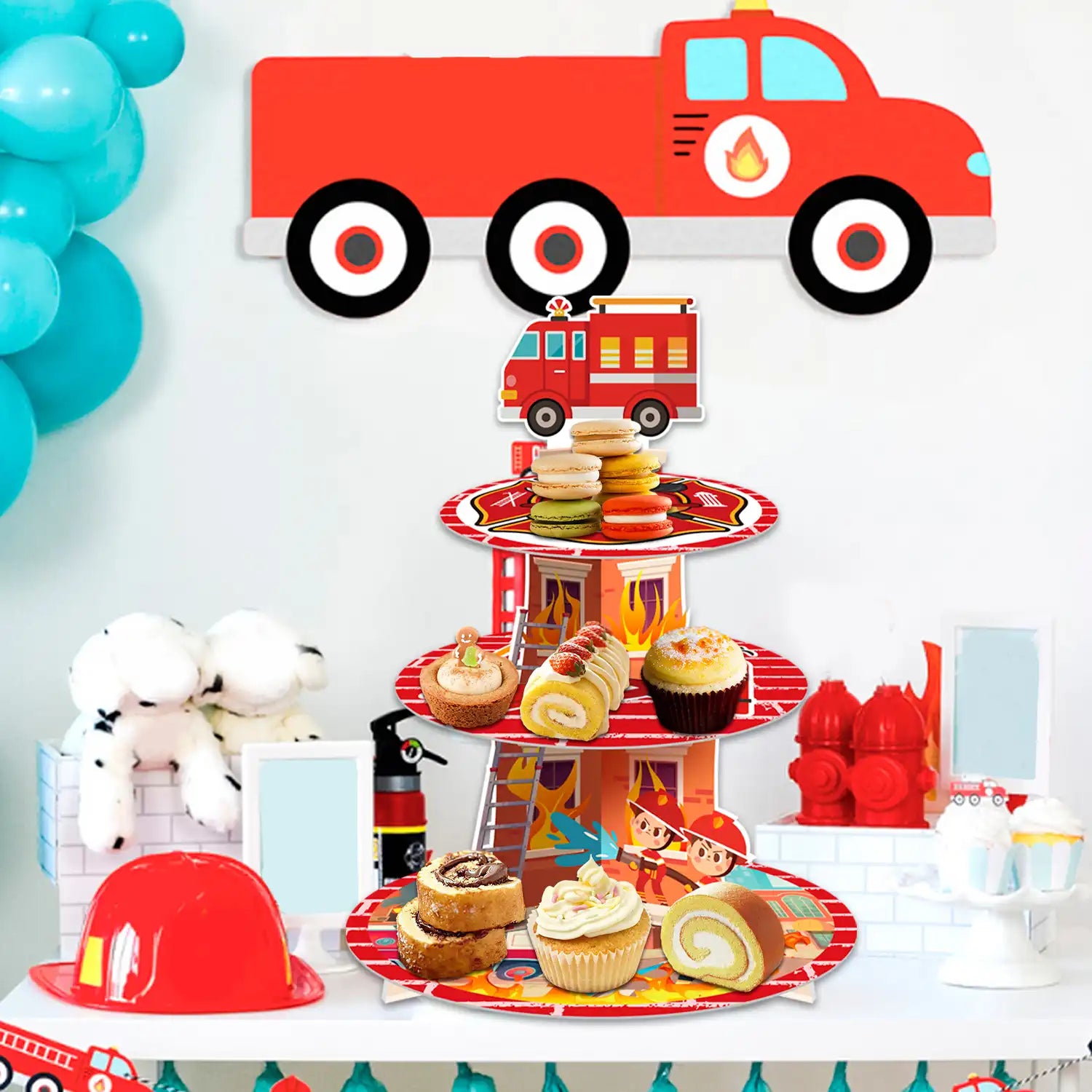 Firefighter Party Decoration Cupcake Stand, Firefighter Birthday Party Decorations - 3 Tier Fire Truck Cupcake Tower, Fire Fighter Theme Cake Holder Dessert Stand for Firetruck Birthday Decorations