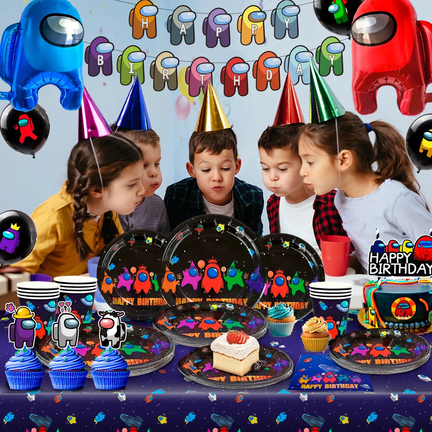 Among Us Birthday Decorations, 144pcs Among Us Party Decorations Tableware - Among Us Balloons Banner Tablecloth Paper Cups, Paper Tray, Napkins etc., Among Us Birthday Party for Boys