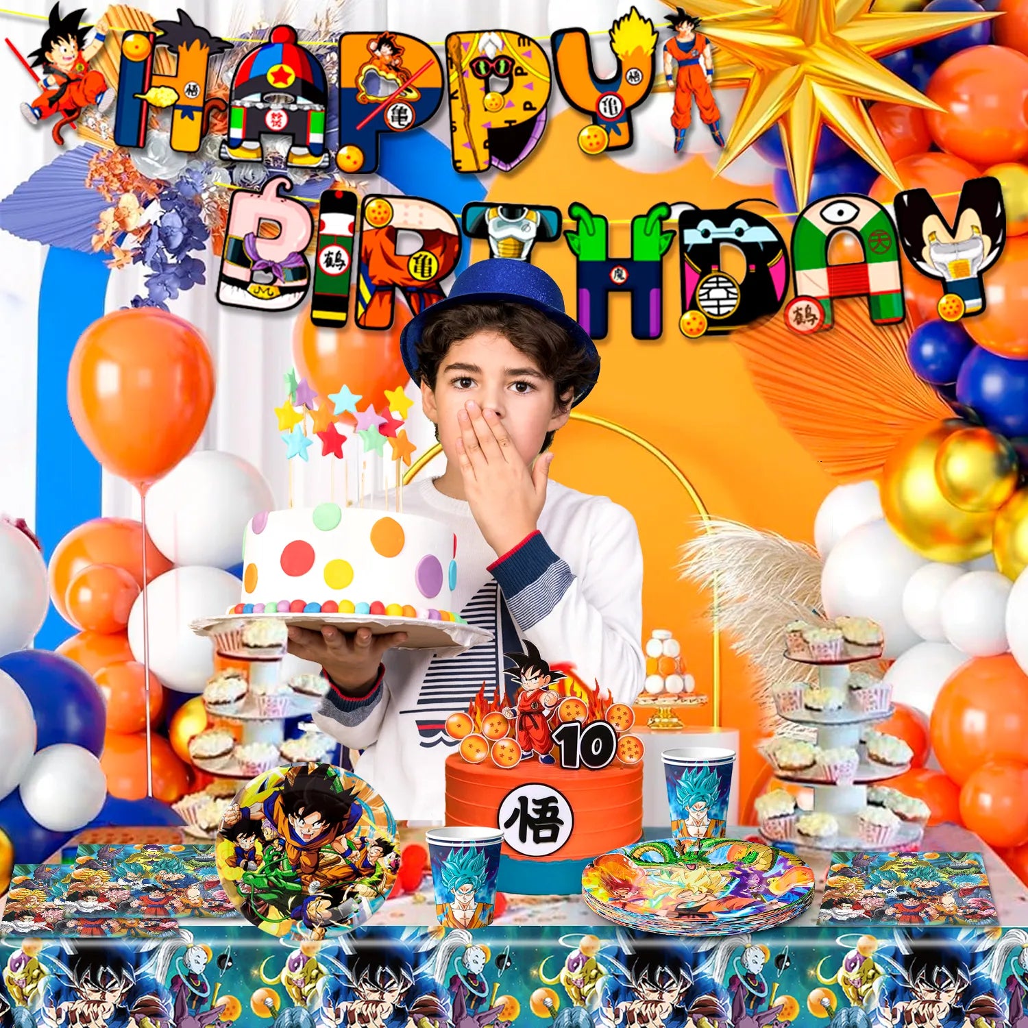 Dragon Ball Z Birthday Party Decoration Tableware Set, 16-Person Dragon Ball Z Party Supplies Tableware Include Dragon Ball Z Table Cloth Banner Plates Napkins Cups, for Goku Birthday Party Decorations