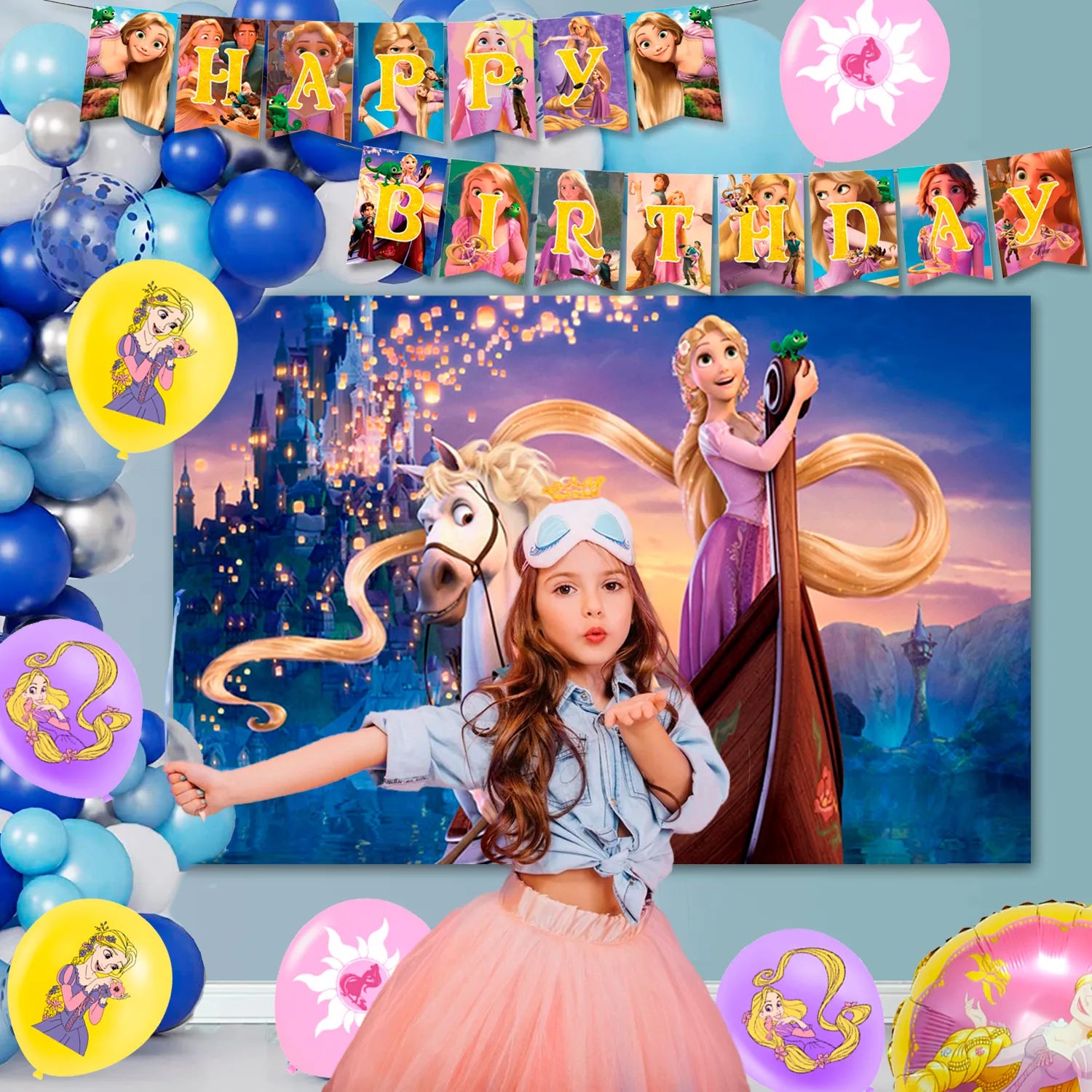Rapunzel Birthday Decorations,82pcs Rapunzel Party Decorations & Rapunzel Tableware set- Rapunzel Birthday Plates Napkins & Rapunzel Balloons Banner Cake Topper etc Rapunzel Birthday Party Supplies