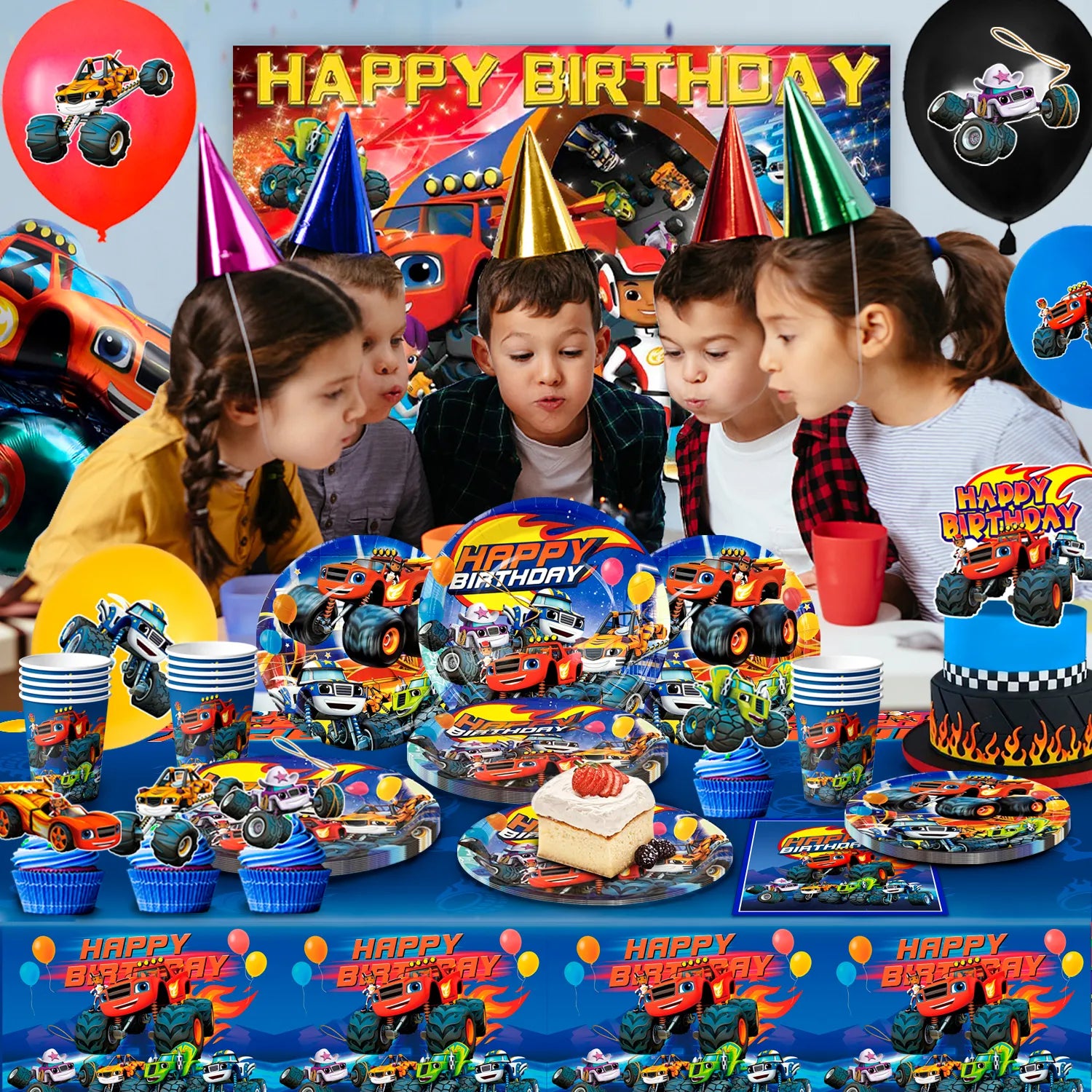 Monster Truck Party Supplies, 16-Person Monster Truck Birthday Decorations&Tableware Set-Monster Truck Birthday Plates Cups Tablecloth& Monster Truck Balloon Backdrop etc Blaze Party Decorations for Kids