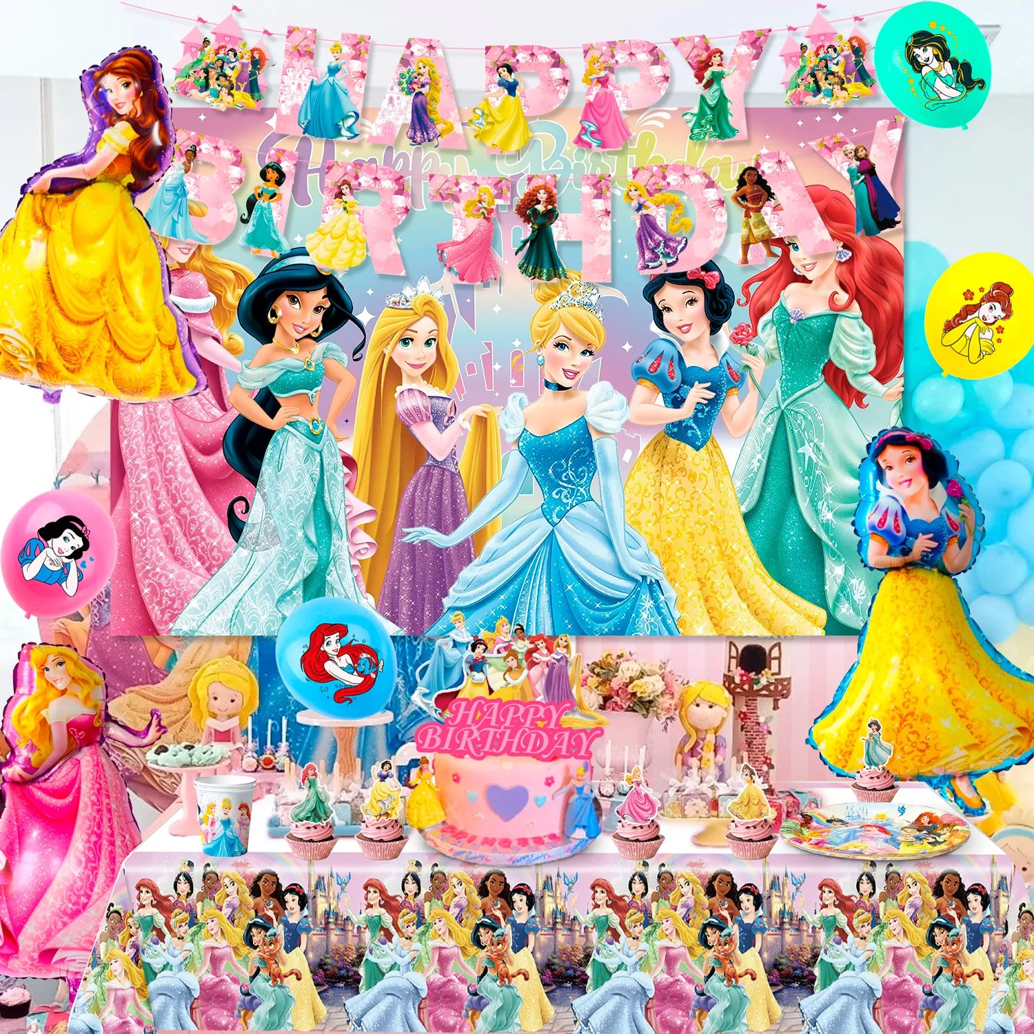 Princess Birthday Party Decorations, 10-Person Princess Party Tableware & Decorations Set Including Princess Birthday Plates Napkins Tablecloth & Princess Cake Topper Banner etc, for Girls Kids