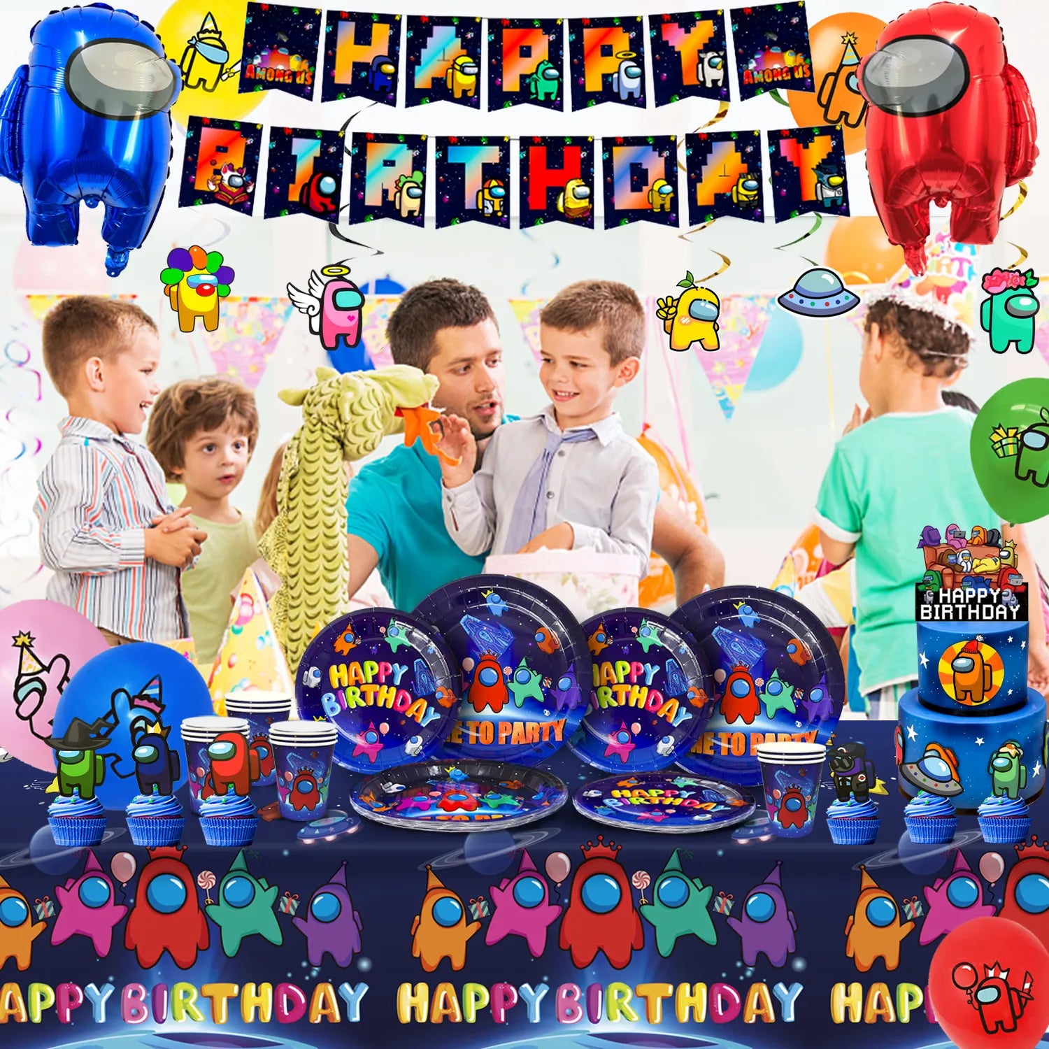 Among Us Party Decorations for Boys Kids-141pcs Among Us Birthday Party Supplies Includ Among Us Birthday Banner Balloons Plates Cups Tablecloth Cake Topper Stickers ect Among Us Party Supplies