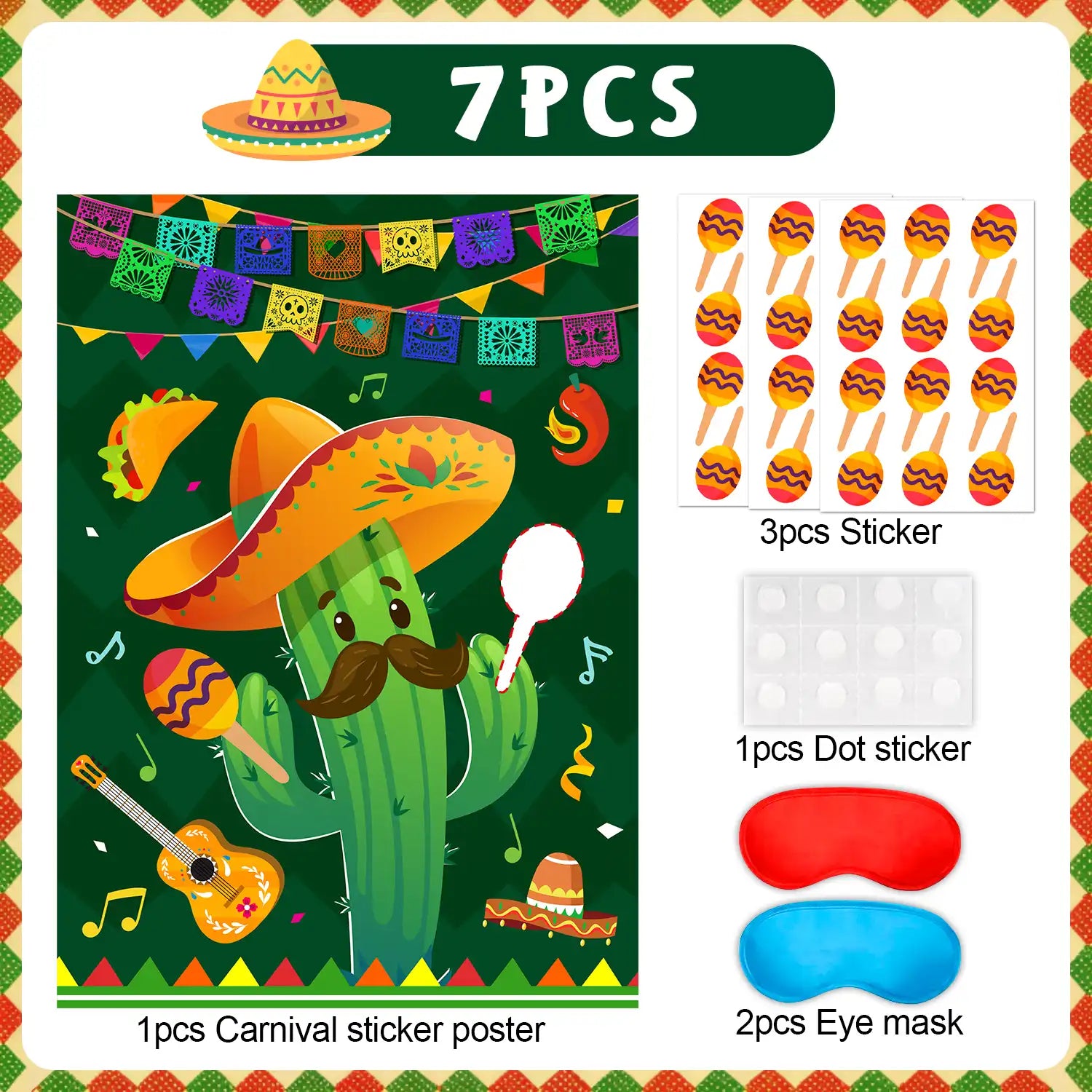 Pin The Maracas on The Cactus Mexican Games, 7 pcs Mexican Party Pin Game Set - Mexican Fiesta Party Games Poster Blindfold Maracas Mexican Stickers etc Mexican Birthday Party Decorations Supplies