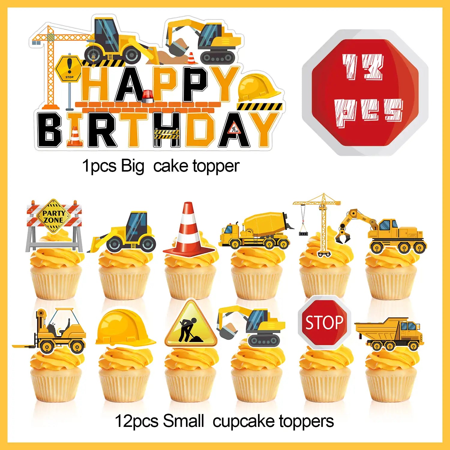 Construction Cake Topper, 13 Pcs Construction Cake Decorations Set-Construction Birthday Cake Topper & Construction Cupcake Toppers/Excavator Cupcake Toppers for Construction Birthday Party Supplies