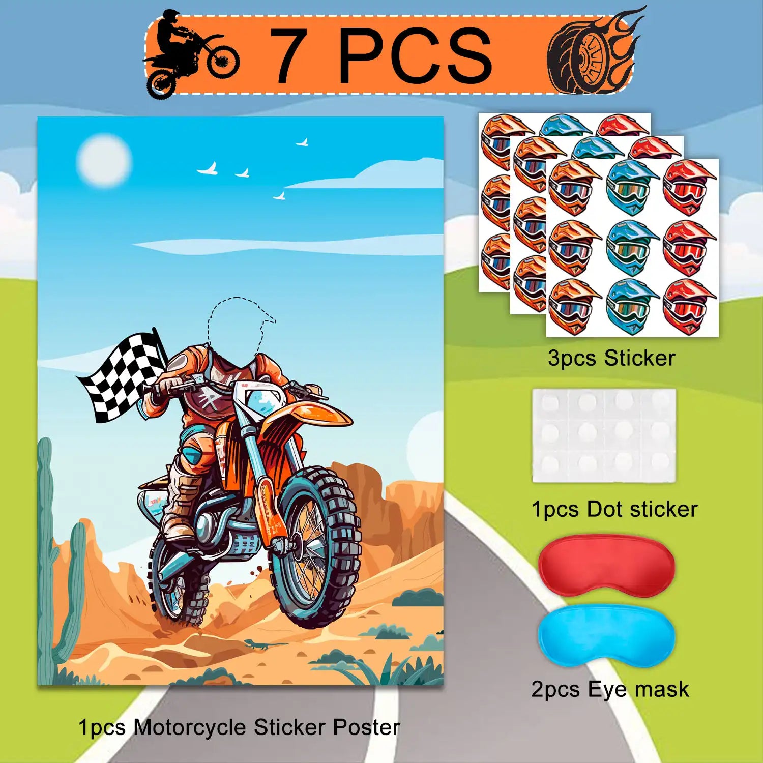 Dirt Bike Party Games, 7 Pcs Motocross Party Game Supplies - Motorcycle Pin Game Poster,  Helmets Dirt Bike Stickers & Motorcycle Games Blindfolds etc Dirt Bike Birthday Party Decorations Games