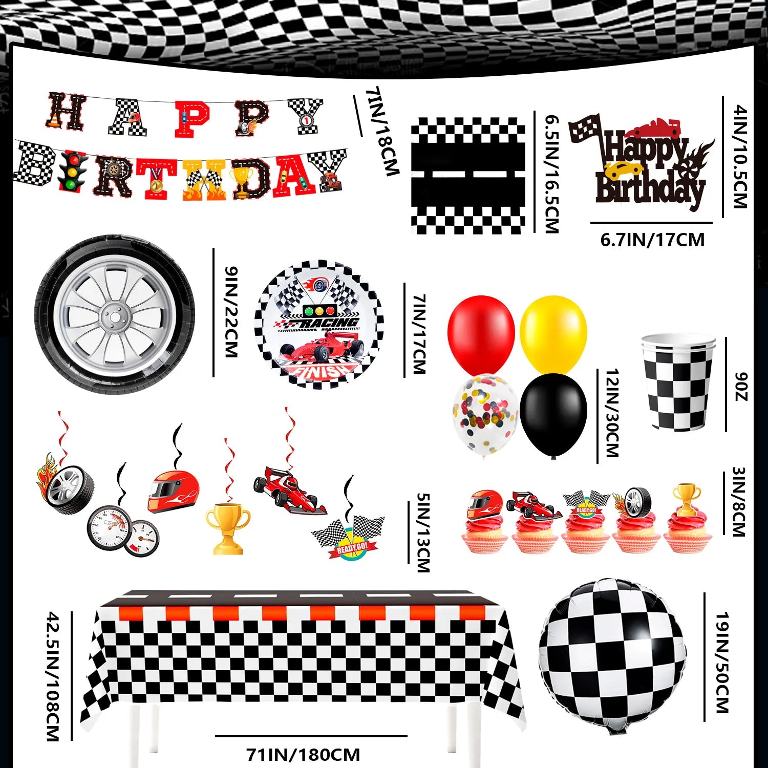 Race Car Birthday Decorations, 87 Pcs Race Car Birthday Party Decorations&Race Car Birthday Party Tableware Set - Race Car Birthday Plates Napkins Balloons Hanging Swirl etc Racing Car Party Supplies