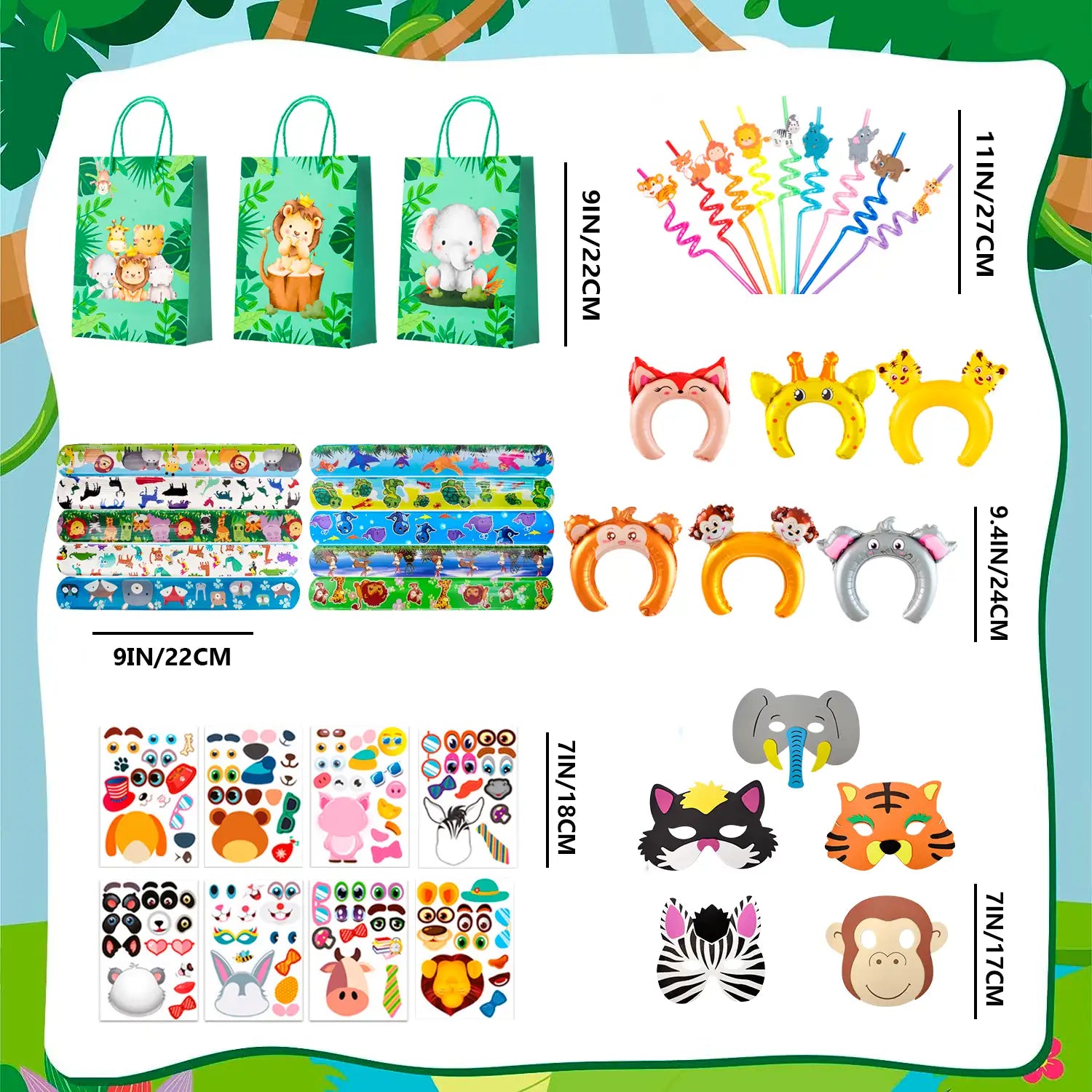 Jungle Safari Party Favors, 72pcs Jungle Safari Birthday Party Favors Set Includes Safari Party Slap Bracelets Stickers Straws Balloon, Animal Mask, Safari Goodie Bags etc Jungle Party Favors for Kids