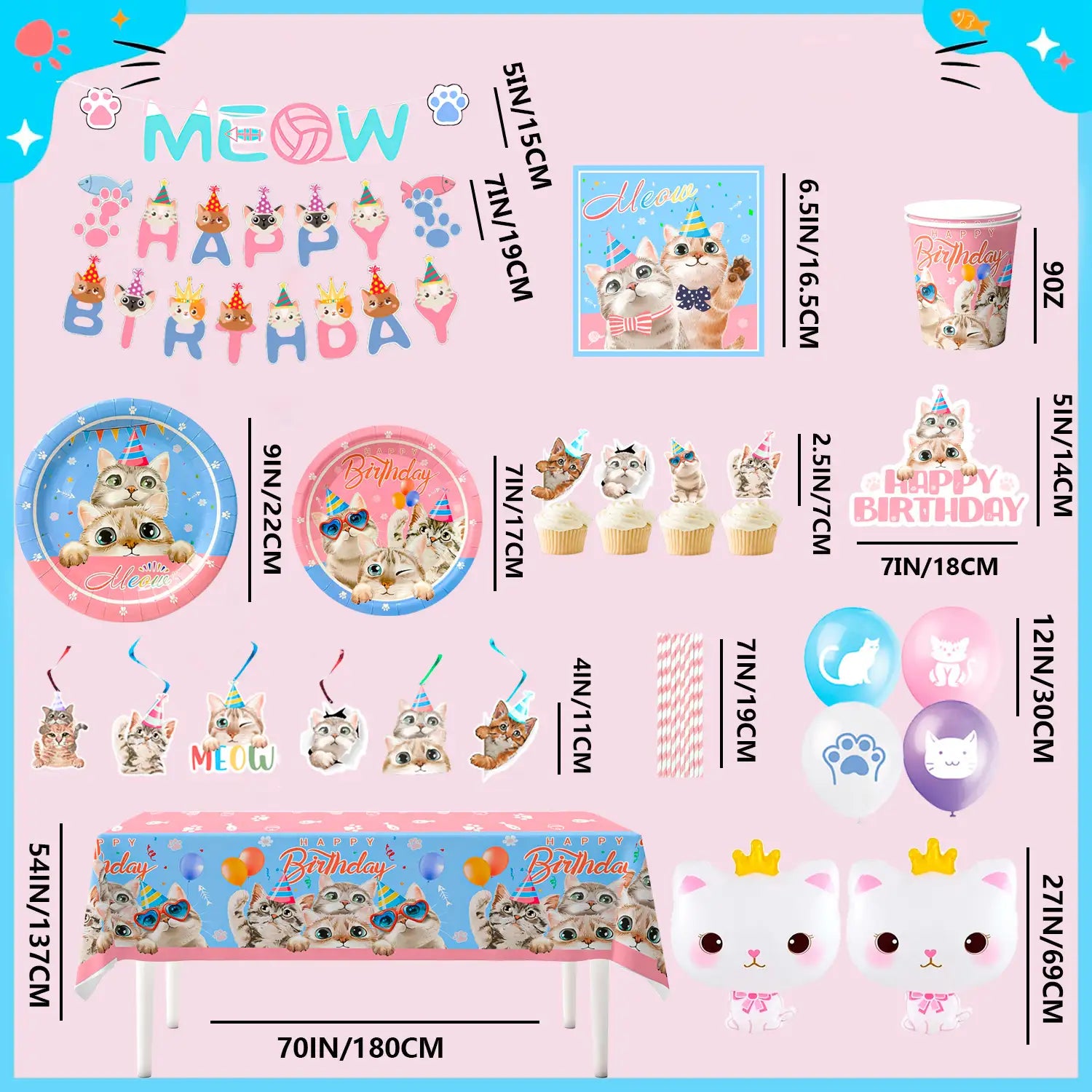 Cat Birthday Party Supplies, 16 Guests Cat Party Decorations Set Includes Cat Birthday Decoration Balloons Banner Cake Topper And Cat Party Plates Cups Tablecloth ect Cat Themed Birthday Party Supplies