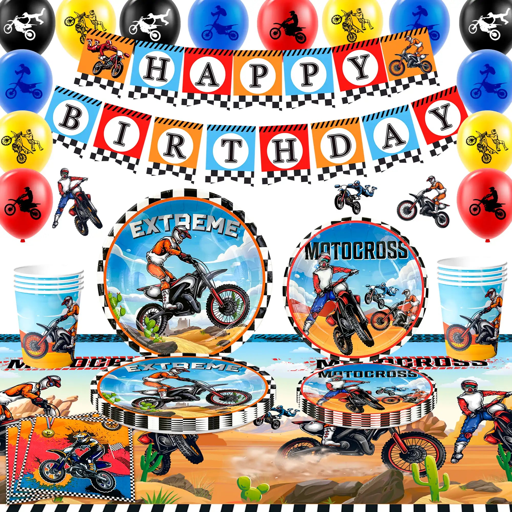 Motorcycle Birthday Supplies, 54pcs Motorcycle Birthday Decorations&Motorcycle Theme Party Tableware Set- Dirt Bike Party Plates and Napkins Cups & Banner Balloon etc Motocross Party Supplies for Boys