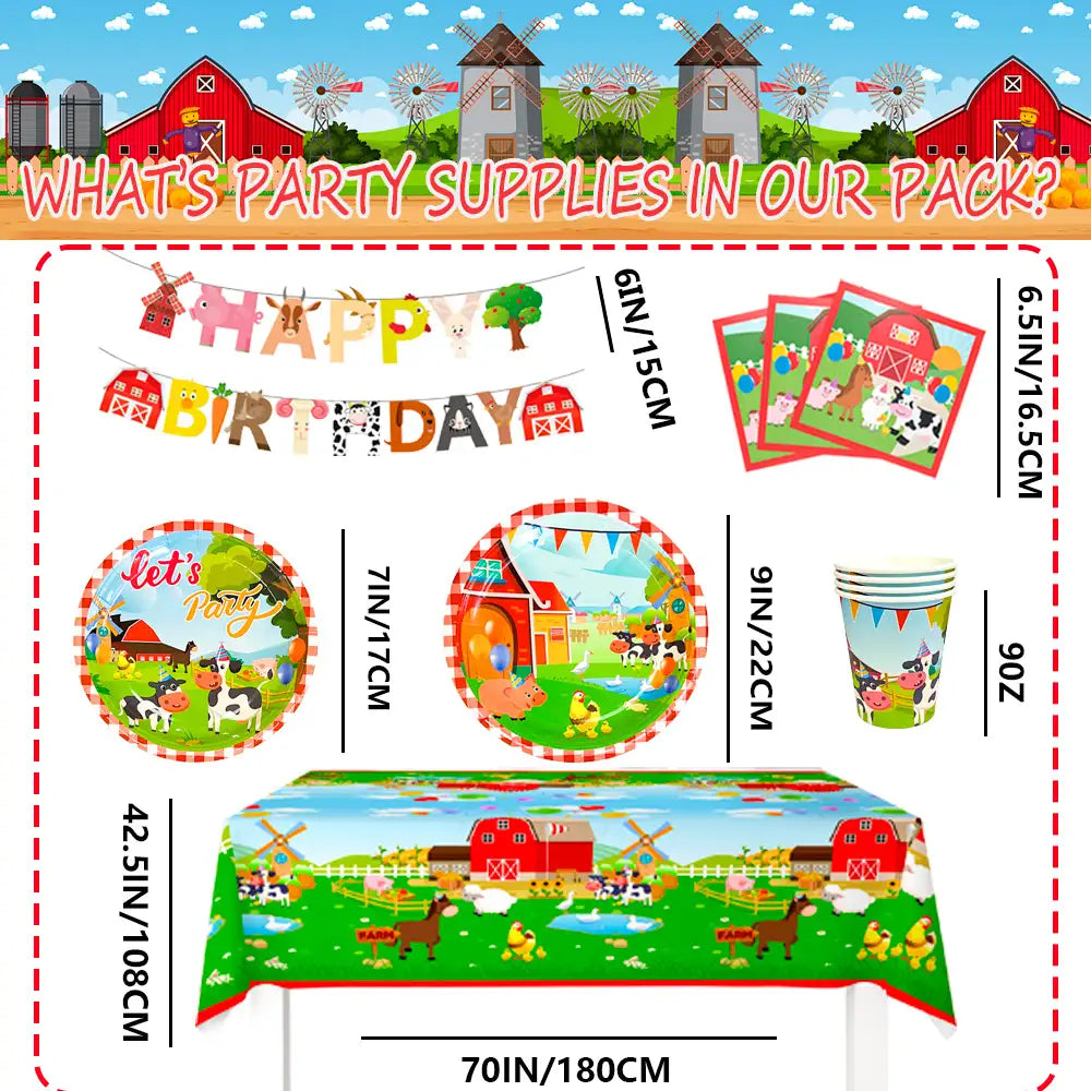Farm House Fun Barnyard Animals Party Supplies, 16 Guests Farm Party Tableware Set-Farm animals Birthday Banner,Farm Plates Cups Napkins Tablecloth ect Farm Birthday Party Supplies,Serves 16