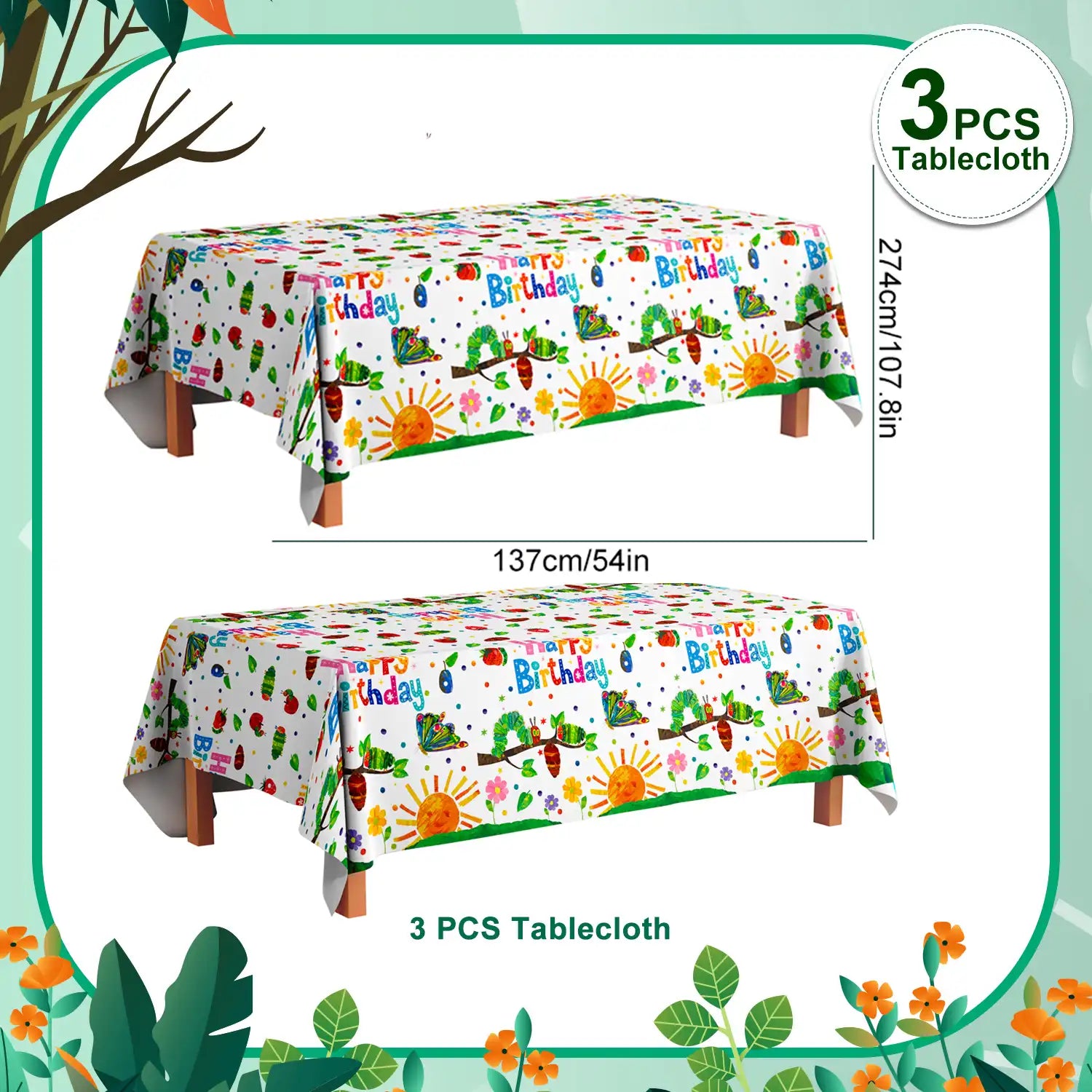 Hungry Caterpillar Birthday Decorations, 3pcs Caterpillar Theme Party Tablecloth/Caterpillar Party Tablecloth for The Very Hungry Caterpillar Birthday Party Decorations