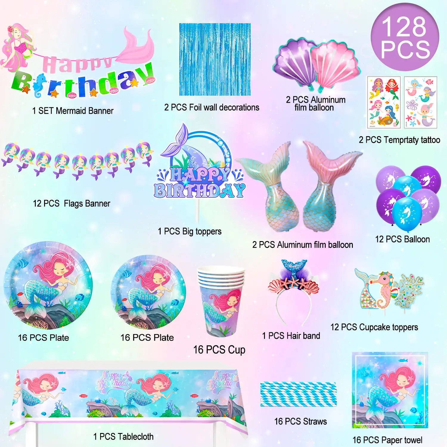 Mermaid Birthday Party Supplies, 128pcs Mermaid Birthday Decorations & Tableware Set - Mermaid Balloons Banners Plates Cups Napkins Tablecloth etc Mermaid Party Decorations for Girls Kids (Serves 16)