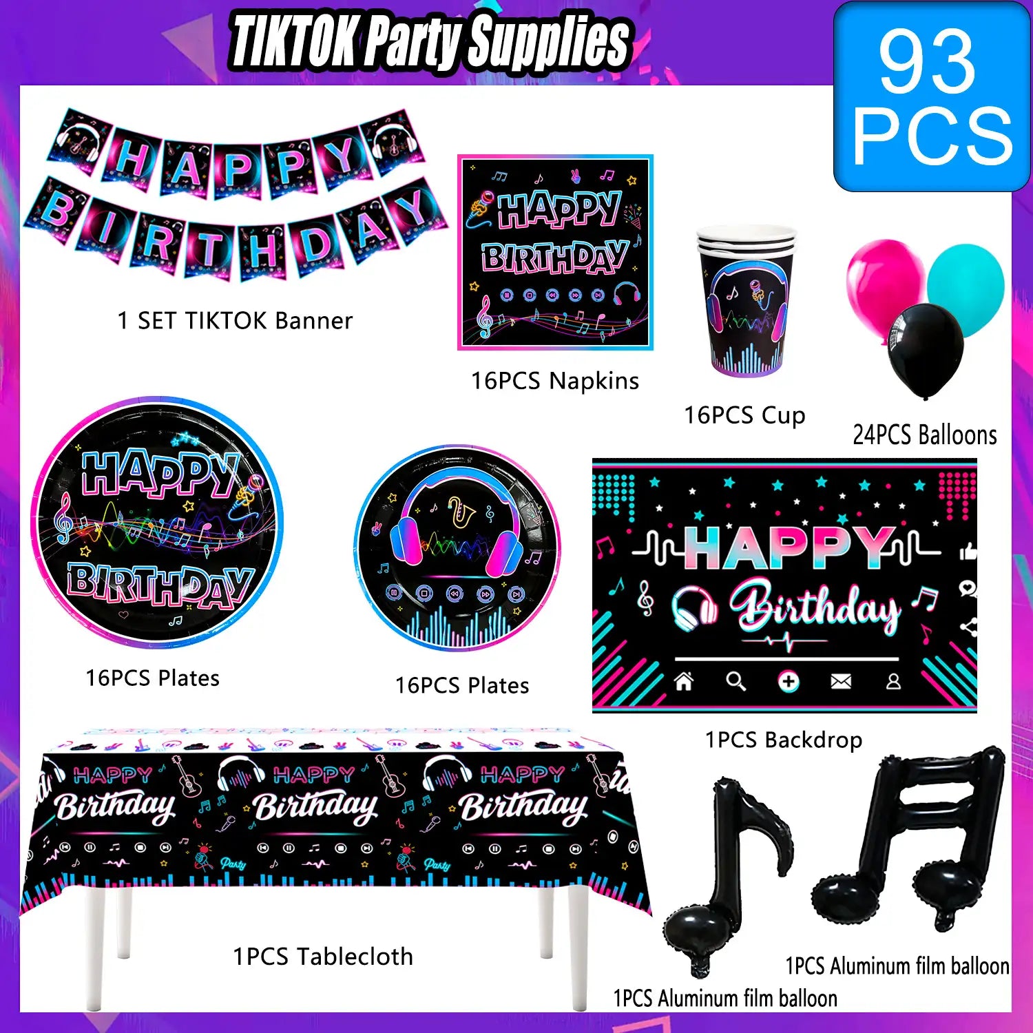Tik Tok Party Supplies, 16 Guests Tik Tok Party Decorations & Tableware Set - Tik Tok Party Cups,Tik Tok Paper Plates Napkins Tablecloth Balloons Backdrop etc Tik Tok Theme Party Supplies for Boys/Girls