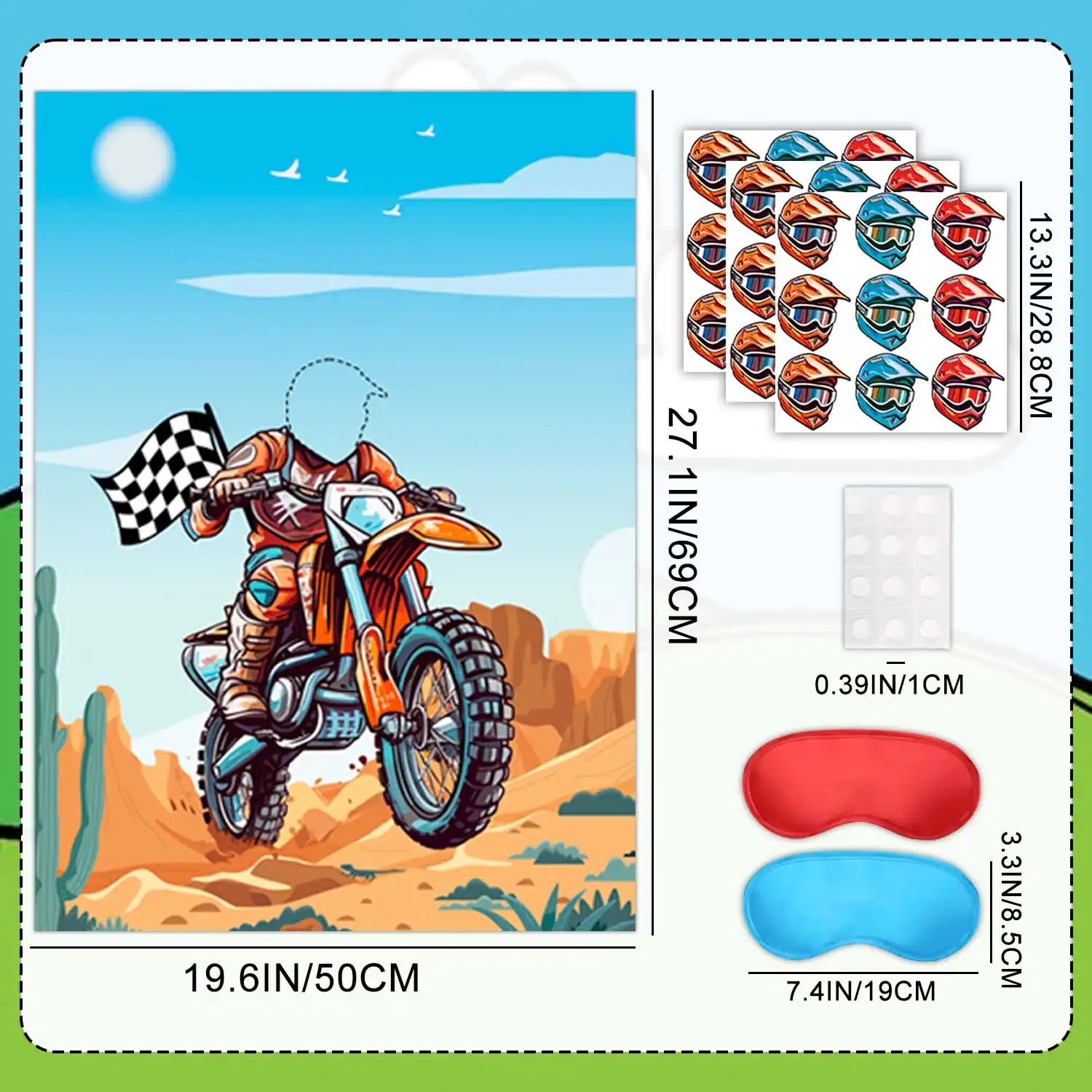 Dirt Bike Party Games, 7 Pcs Motocross Party Game Supplies - Motorcycle Pin Game Poster,  Helmets Dirt Bike Stickers & Motorcycle Games Blindfolds etc Dirt Bike Birthday Party Decorations Games