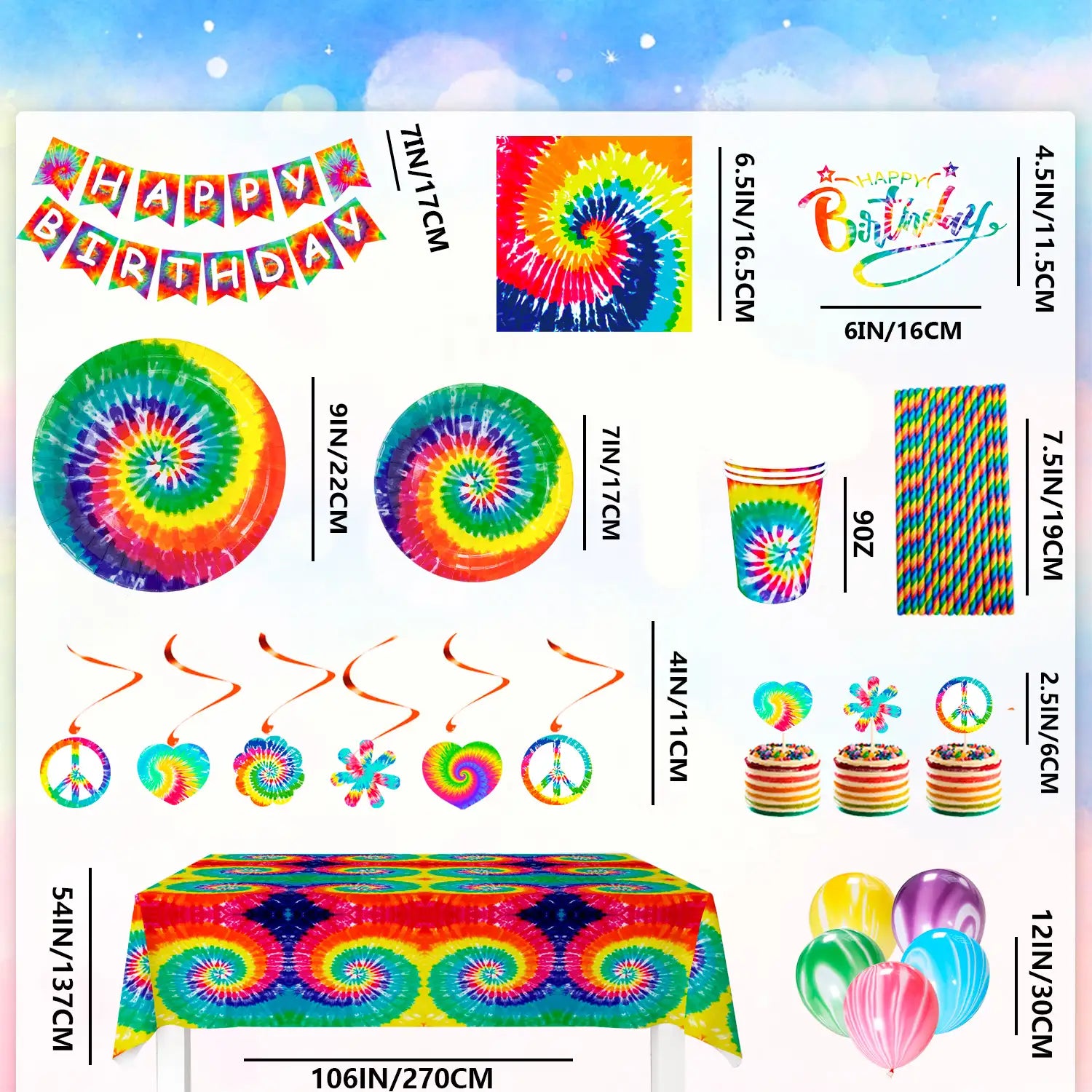 Tie Dye Birthday Party Supplies, 113pcs Tie Dye Party Tableware&Decorations Set - Tie Dye Paper Plates Cups Tablecloth Napkins Banner & Marble Balloons etc Tie Dye Party Decorations, Serves 16 Guests