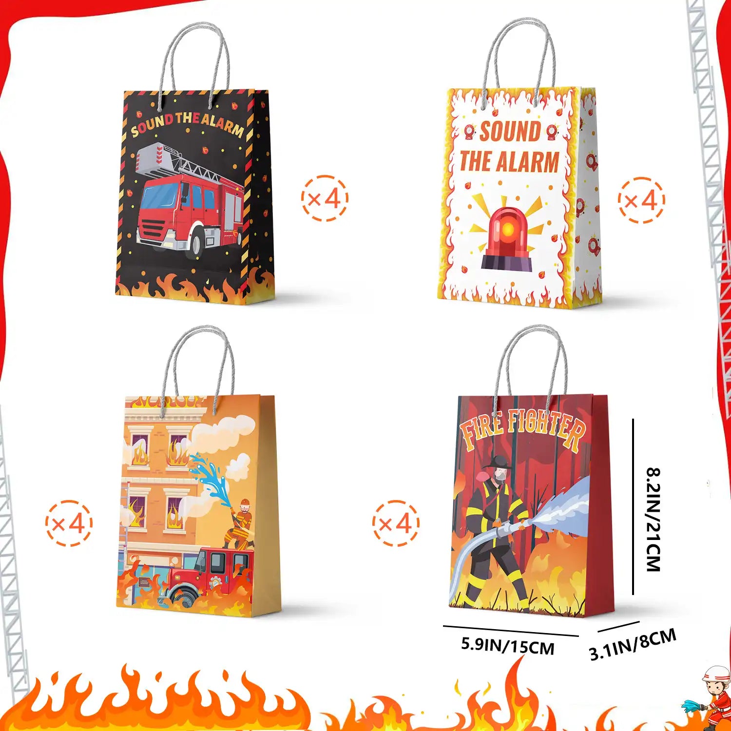 Firetruck Gift Bags, Fire Truck Party Favor Bags Set - Firetruck Birthday Gift Bags, Firefighter Party Bags & Fire Truck Goodie Bags for Fire Truck Birthday Decorations/Firefighter Party Decorations