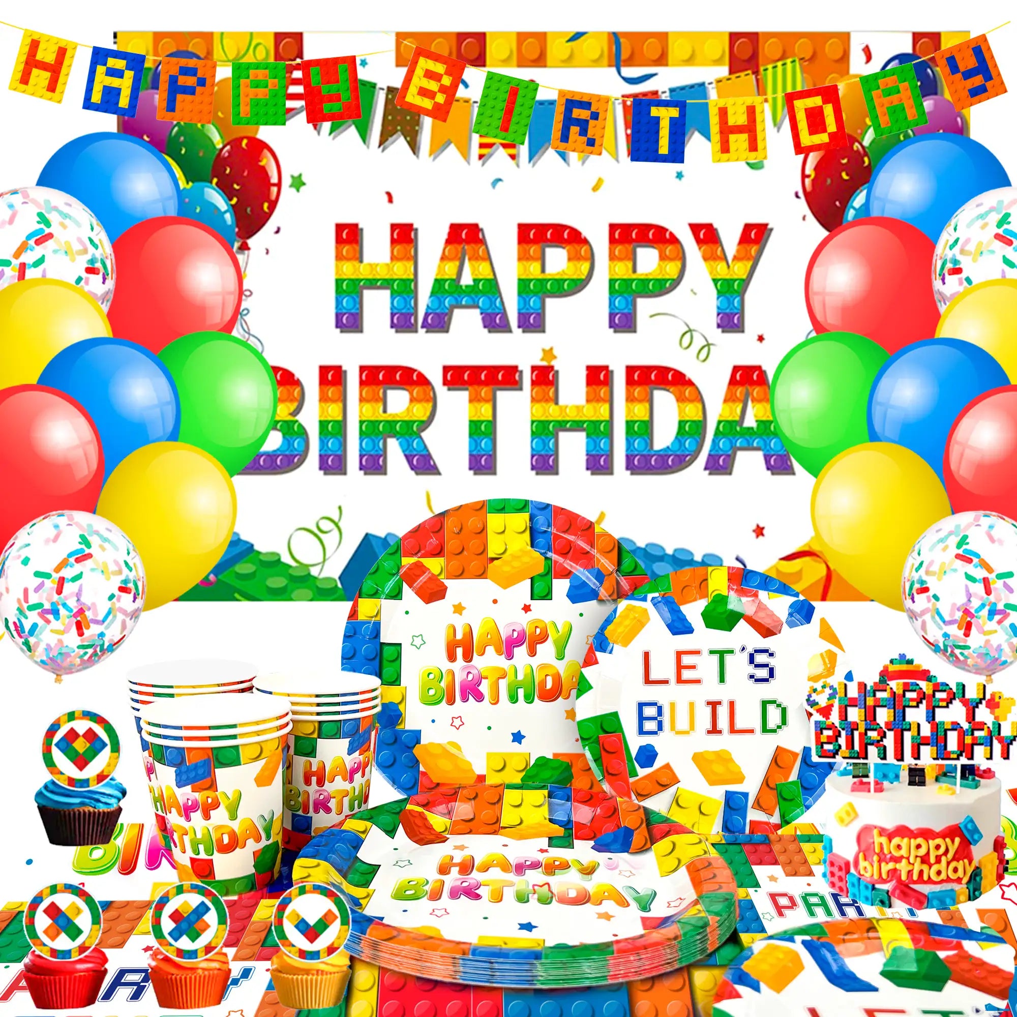 Building Block Birthday Party Supplies, 10 Guests Building Blocks Party Decorations & Tableware Set - Building Block Party Plates Tablecloth Banner Backdrop etc Building Blocks Themed Party Supplies